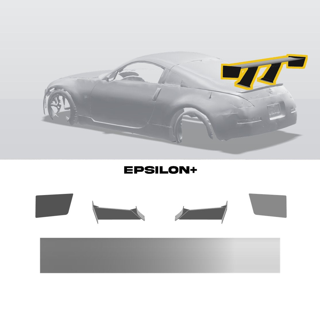 Epsilon+ TC wing for the Nissan 350Z (Z33): a configurator render of the 350Z with the wing outlined in yellow, above the TC wing, endplates, 11.5" bottom-mount uprights and base