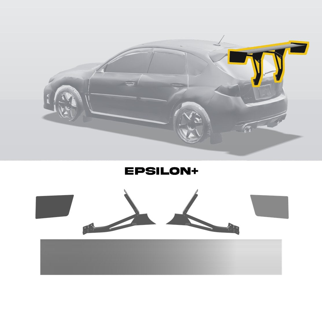 Epsilon+ TC wing for the Subaru Impreza Hatchback (GR): a configurator render of the Impreza hatch with the wing outlined in yellow, above the TC wing, endplates and hatchback riser uprights