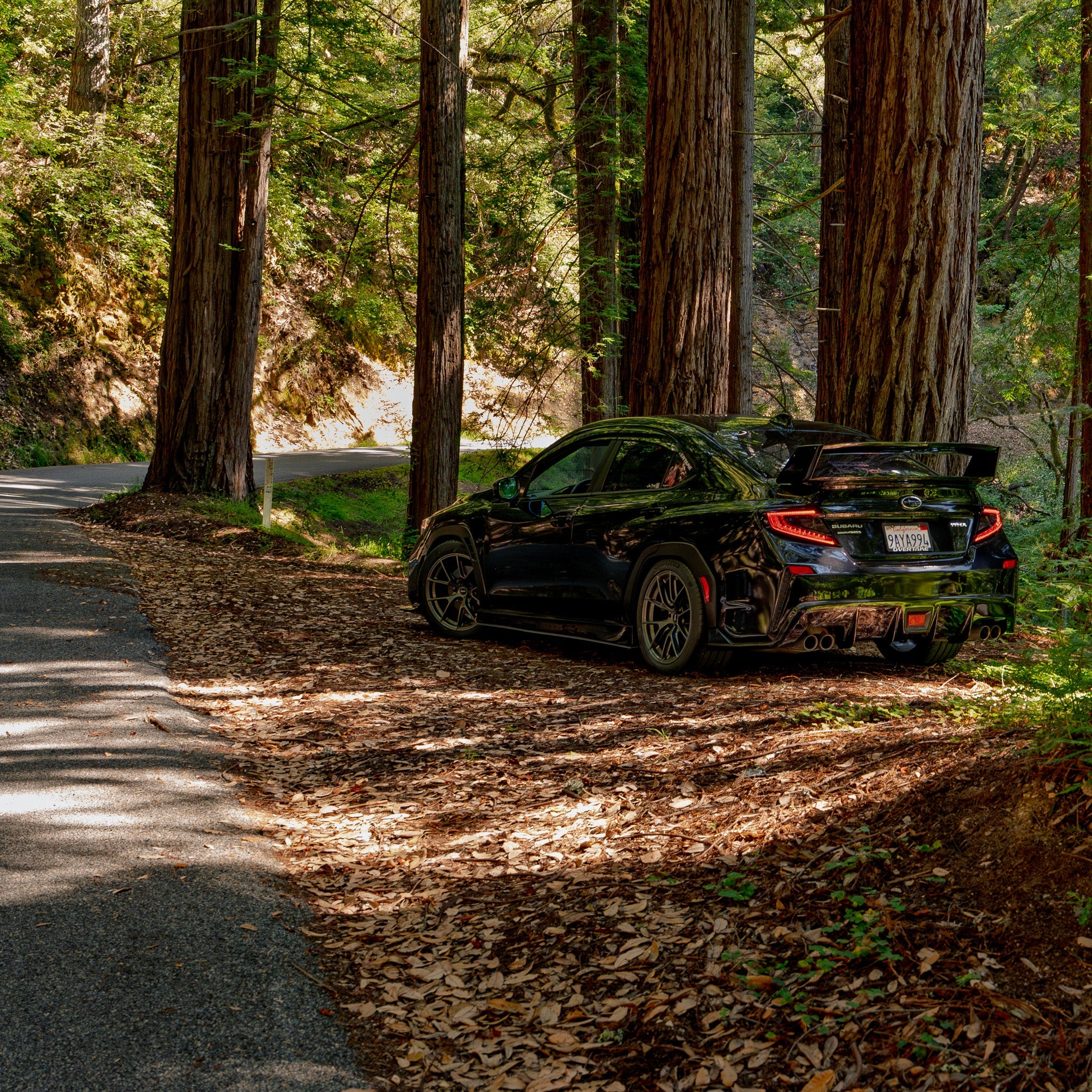 Rear three-quarter view of a black Subaru WRX VB with prototype rear bumper on a wooded road