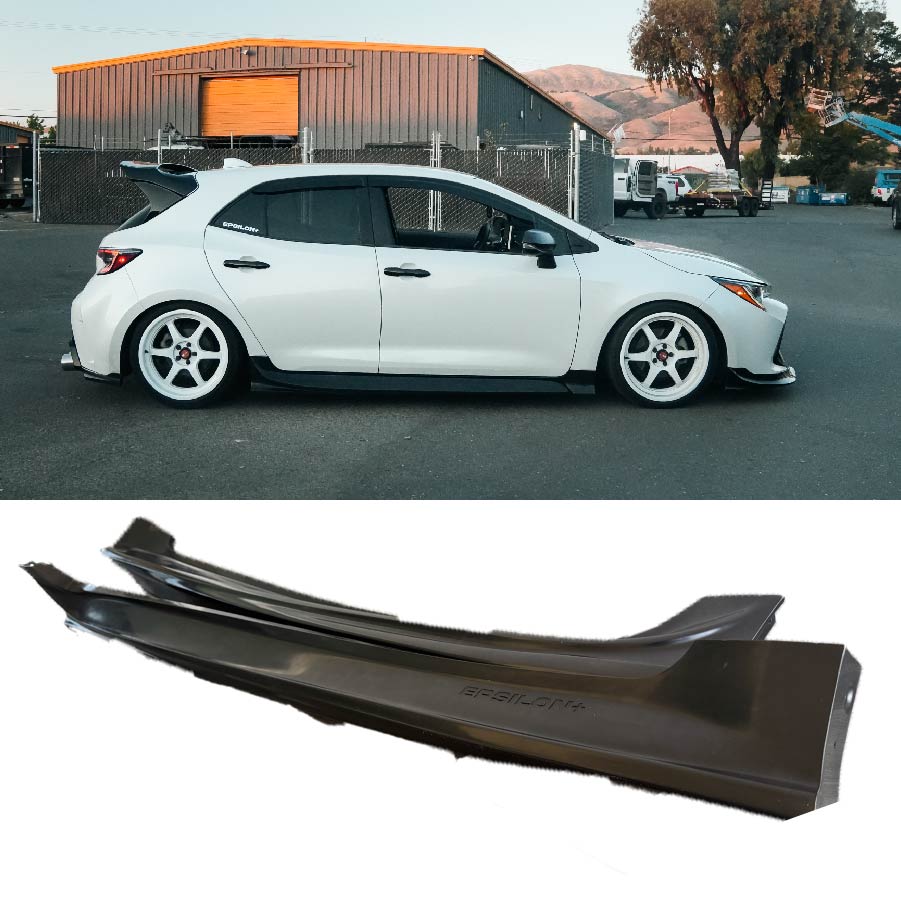 Epsilon+ side skirts for the Toyota Corolla Hatchback E210 shown fitted and as a standalone part