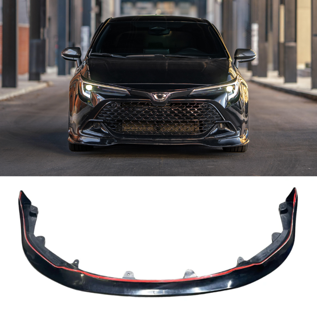 Epsilon+ front lip for the Toyota Corolla Hatchback Kouki E210 shown fitted and as a standalone part