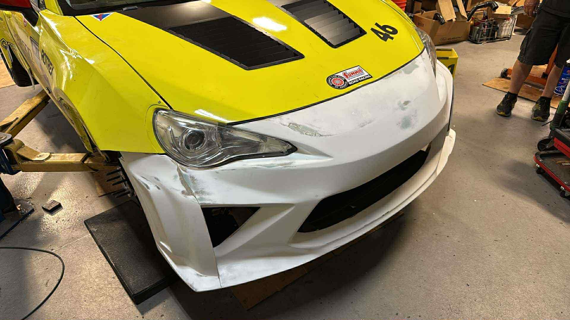 Toyota GT86 with the Epsilon+ front bumper prototype fitted in the workshop