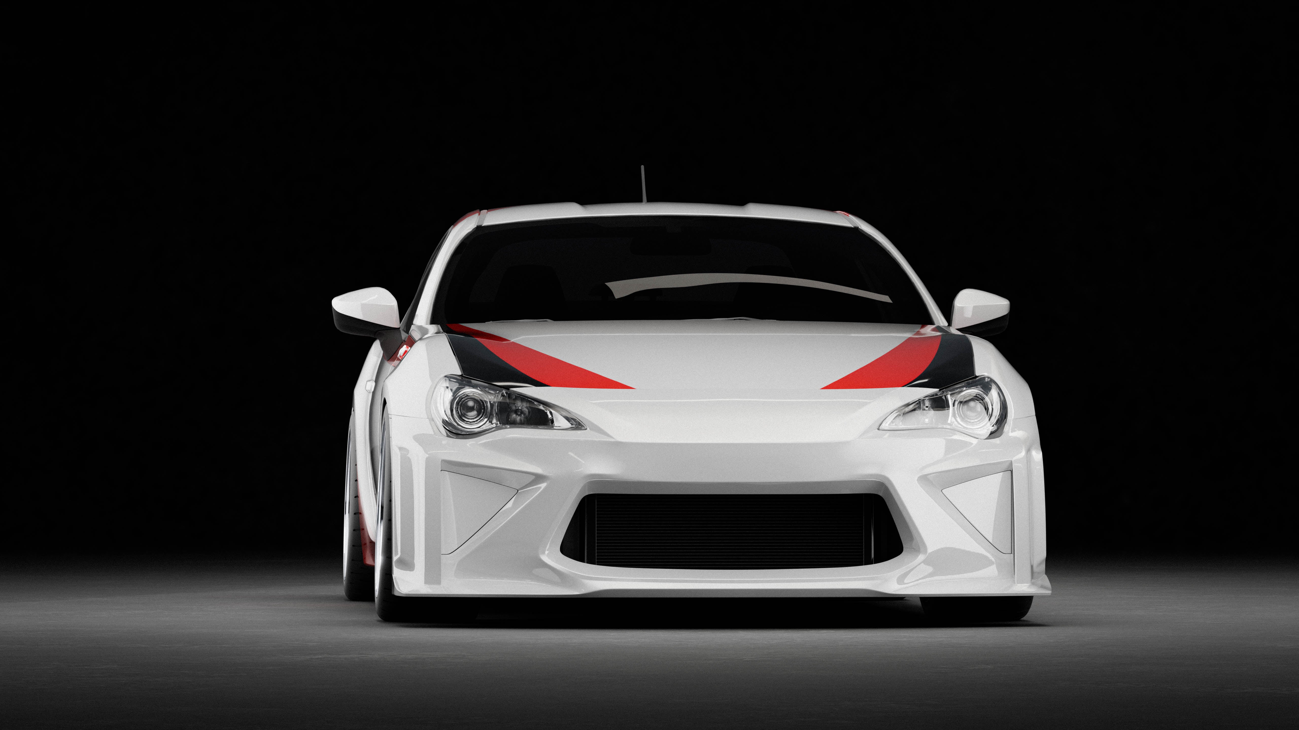 Studio render of a white Toyota GT86 with the Epsilon+ front bumper, front view