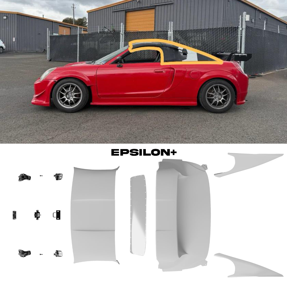 Epsilon+ hardtop for the Toyota MR2 Spyder shown fitted and as separate panel components
