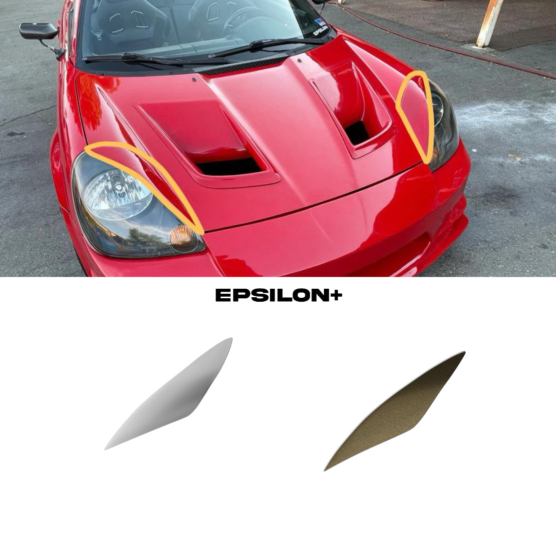 Epsilon+ headlight eyelids for the Toyota MR2 Spyder shown fitted and as standalone parts