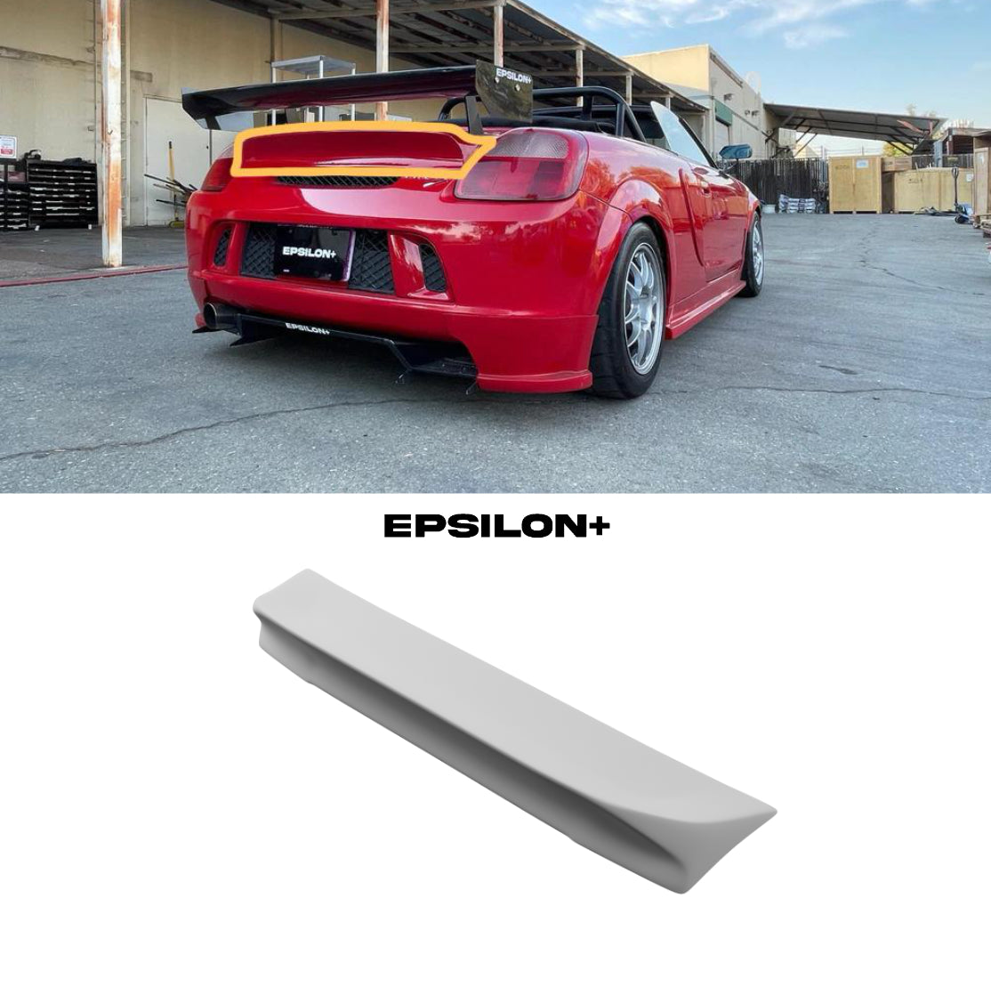 Epsilon+ rear duckbill spoiler for the Toyota MR2 Spyder shown fitted and as a standalone part