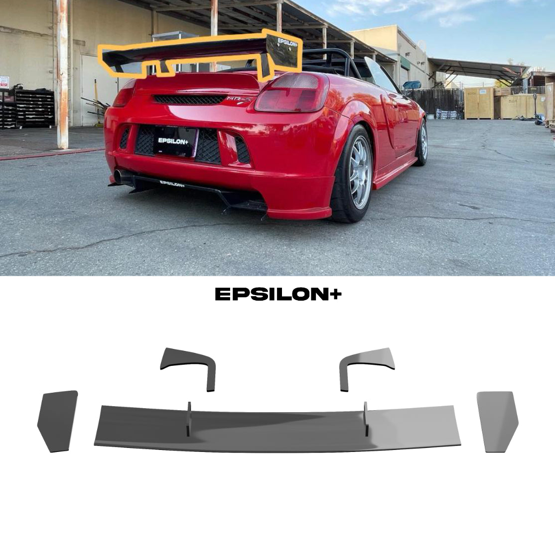 Epsilon+ rear wing for the Toyota MR2 Spyder shown fitted and as separate wing components