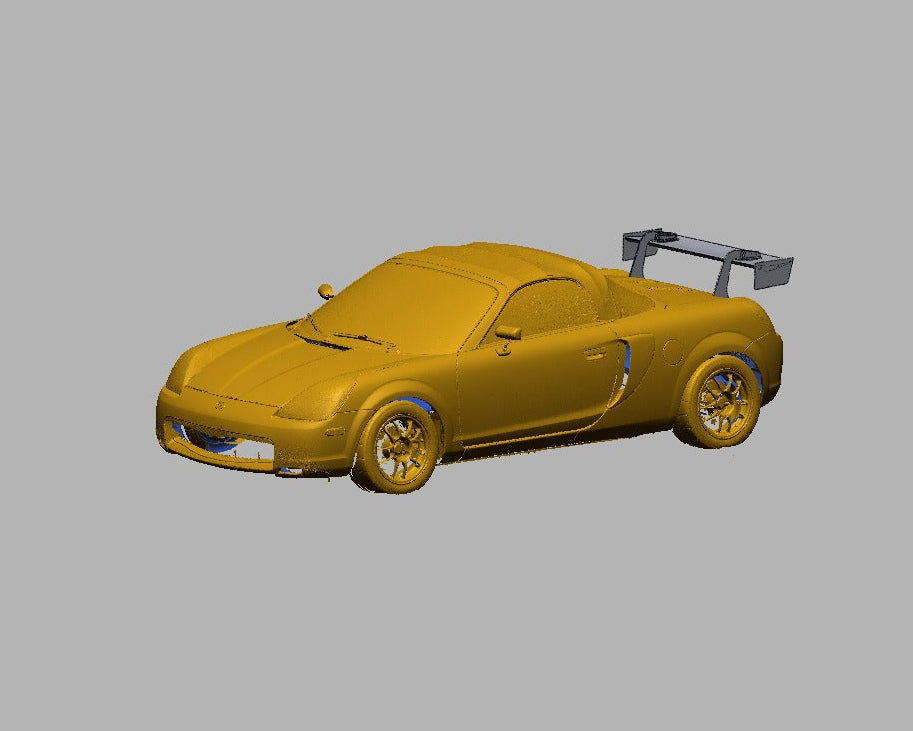 CAD render of a yellow Toyota MR2 Spyder fitted with the swan-mount TC Wing