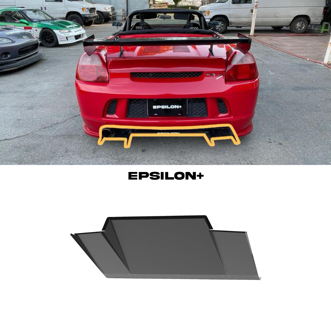 Epsilon+ V1+ rear diffuser for the Toyota MR2 Spyder shown fitted to a red car and as a standalone part