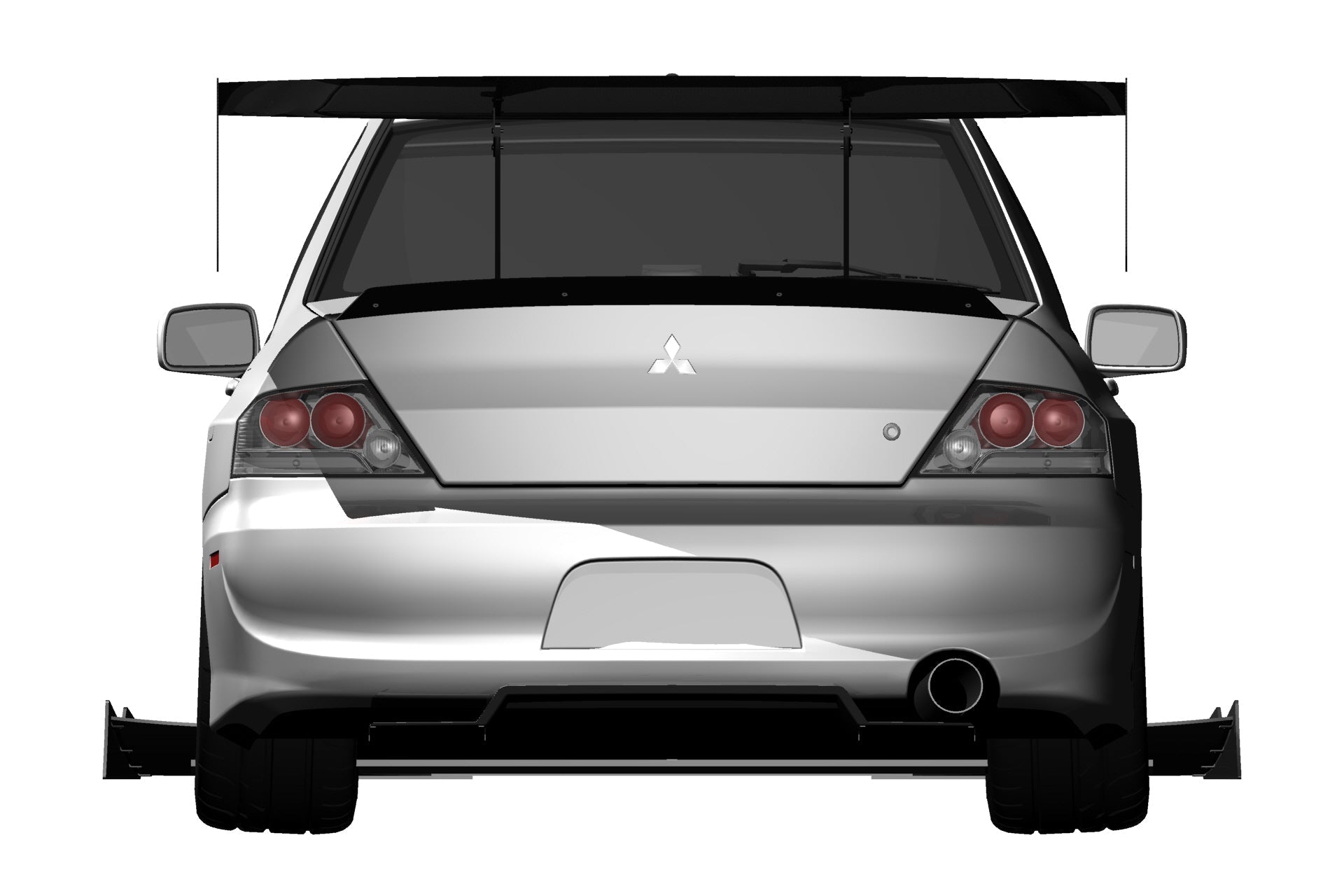 Rear 3D render of a silver Mitsubishi Evo sedan with universal GT wing fitment