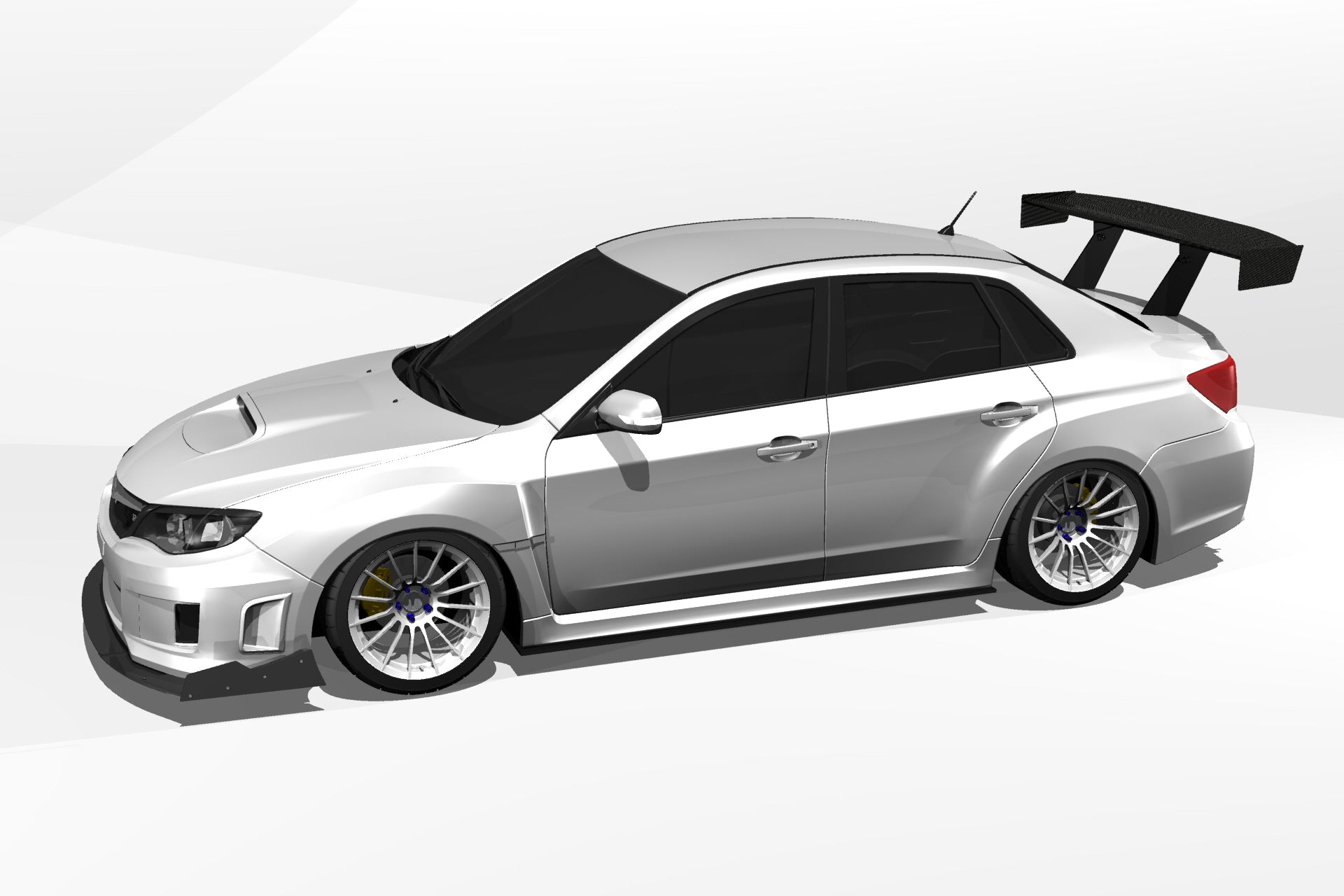 Side 3D render of a silver Subaru Impreza sedan with universal GT wing fitment