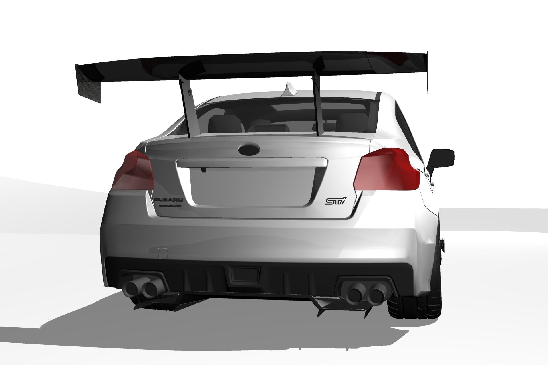 Rear 3D render of a white Subaru WRX sedan with universal GT wing fitment