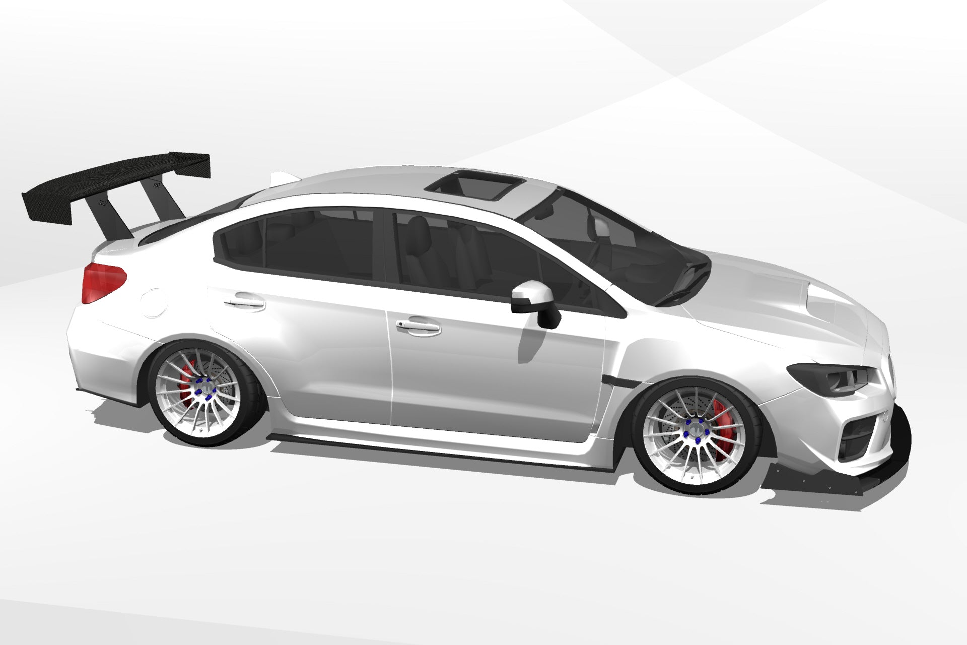 Side 3D render of a silver Subaru WRX sedan with universal GT wing fitment