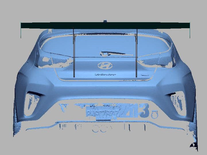 3D scan render of a Hyundai Veloster JS rear showing GT wing mounting geometry