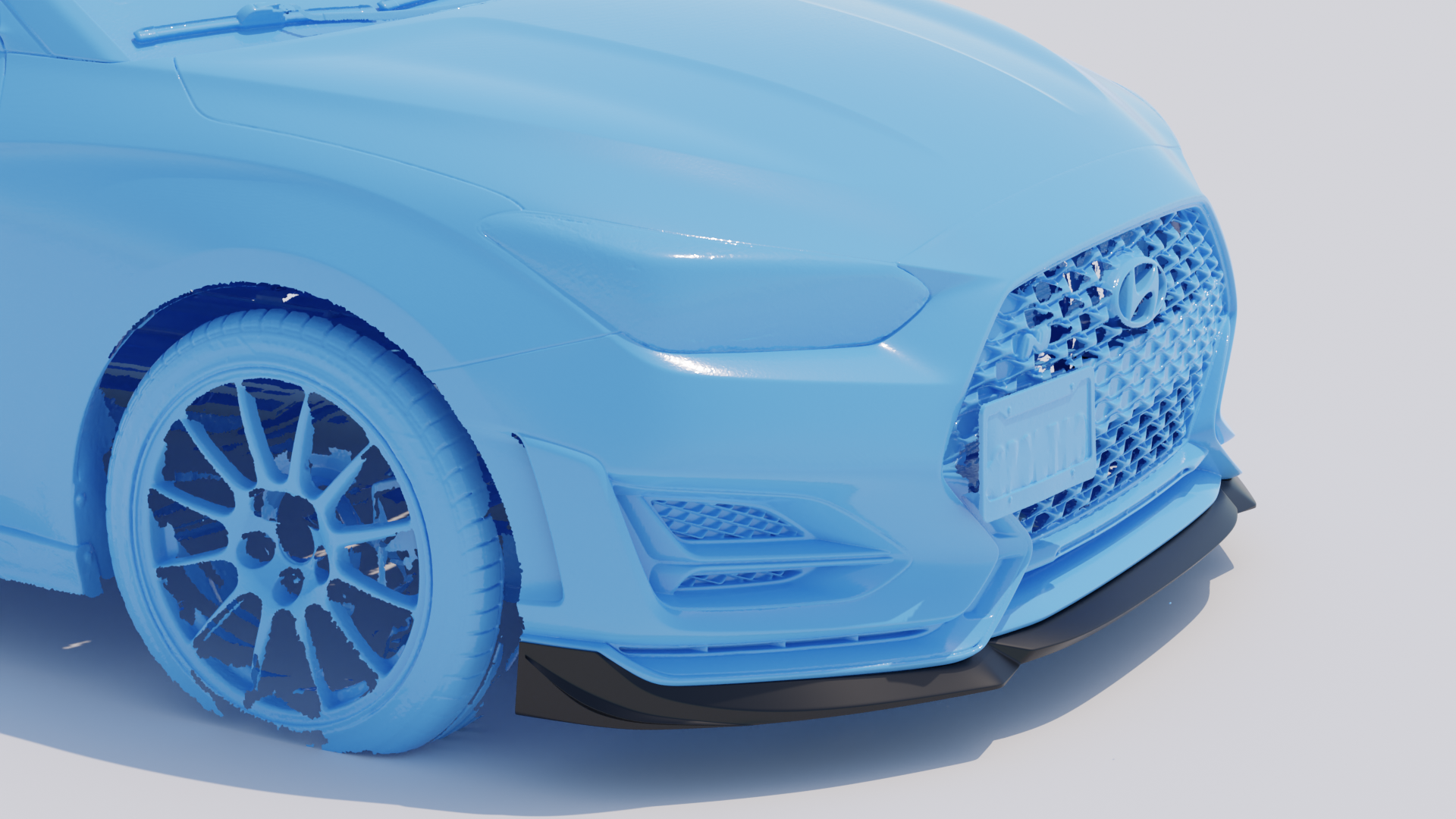 CAD render showing front lip fitment on the Veloster N, front three-quarter view