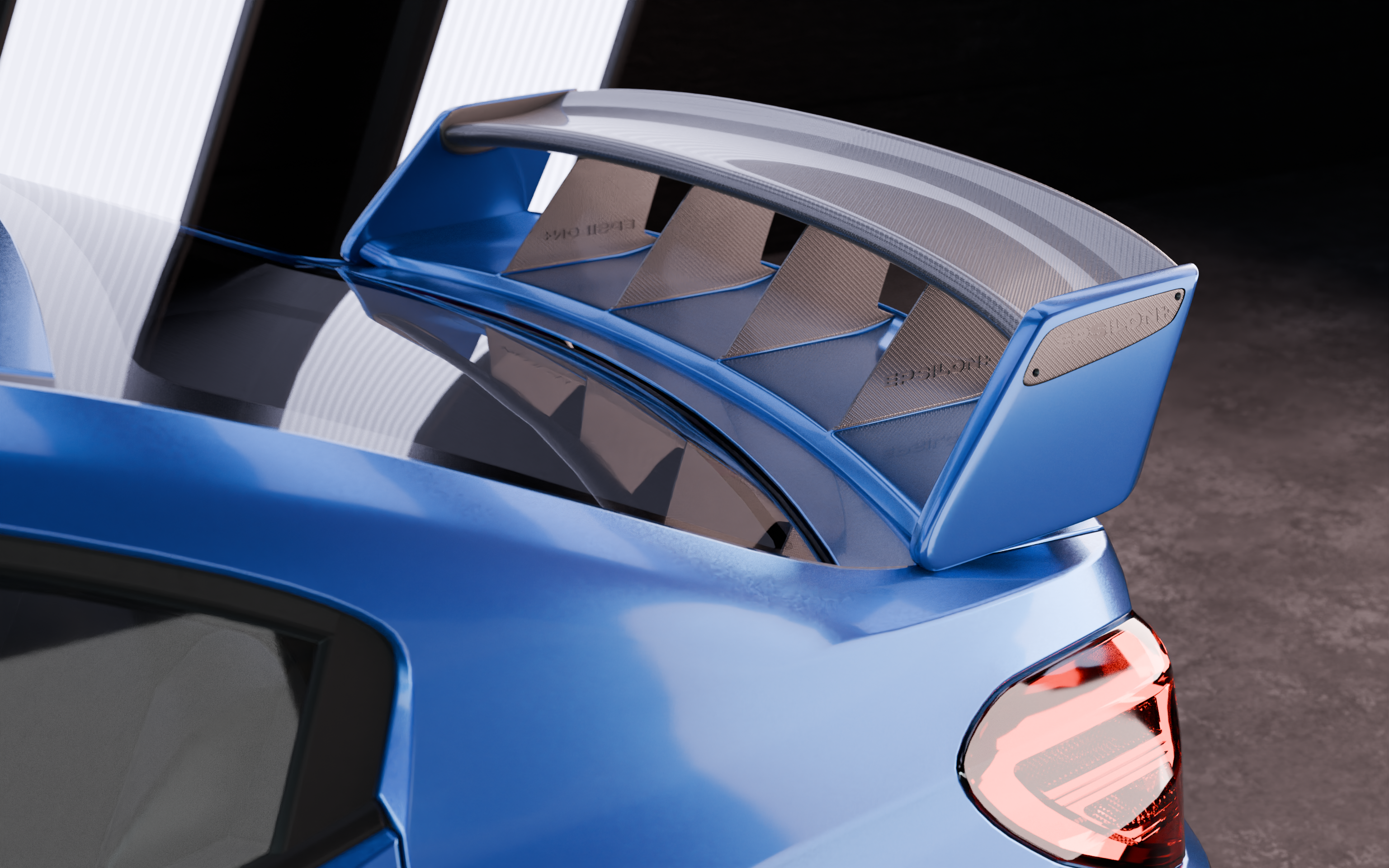 Close render of the WRC wing blade and uprights on a Subaru WRX VA