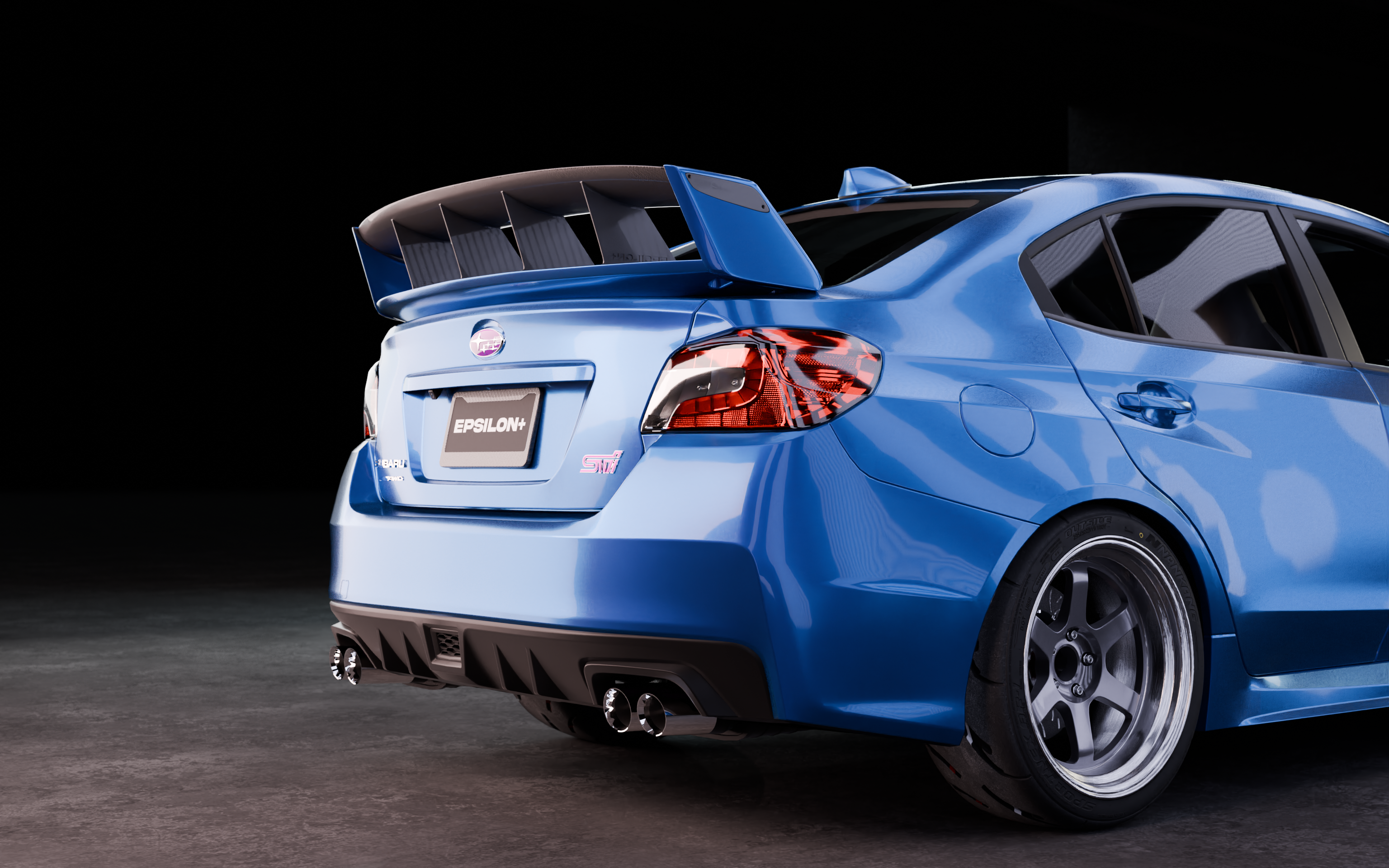 Angled rear render of a blue Subaru WRX VA fitted with the Epsilon+ WRC wing
