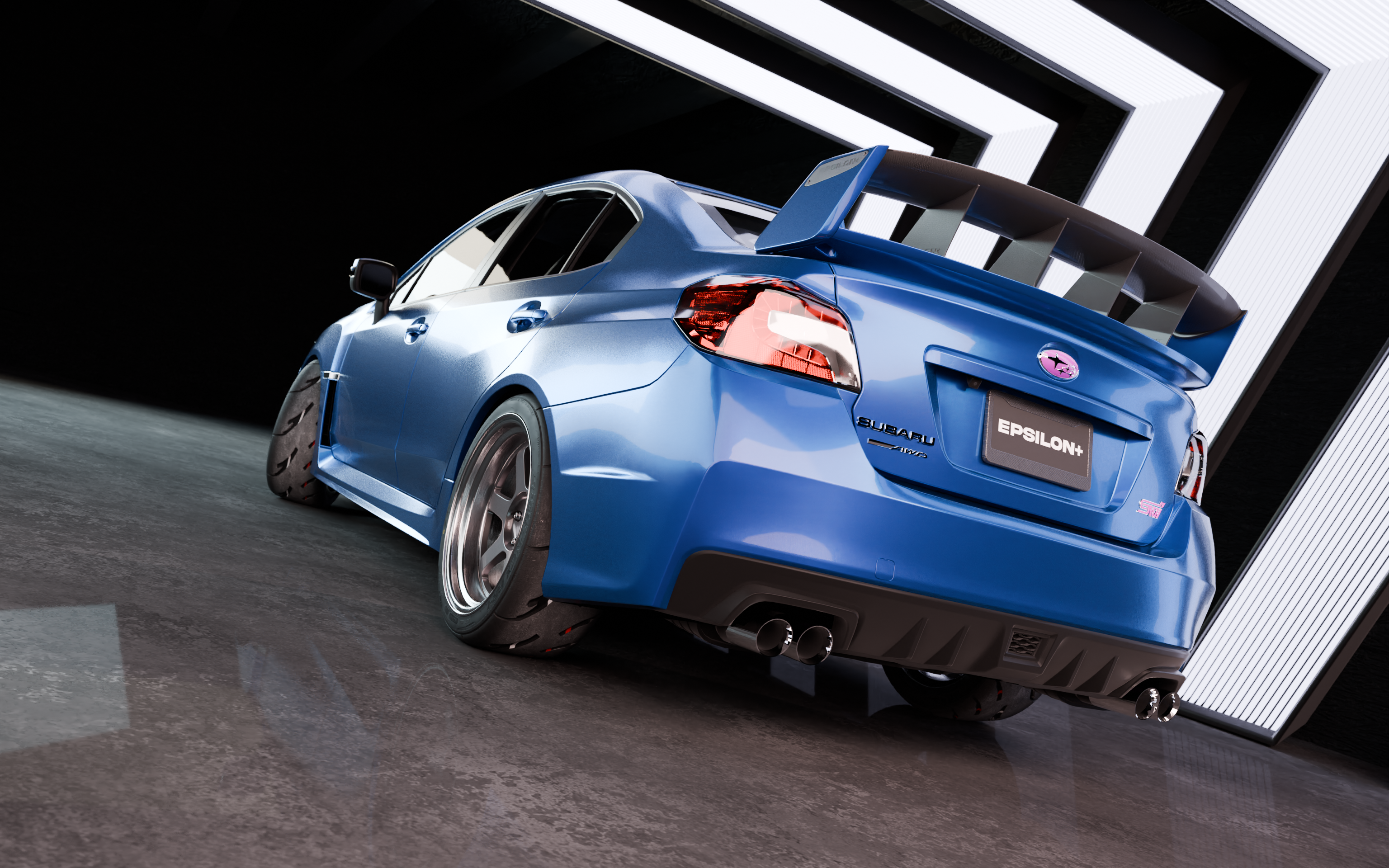 Low rear three-quarter render of a blue Subaru WRX VA with the WRC wing
