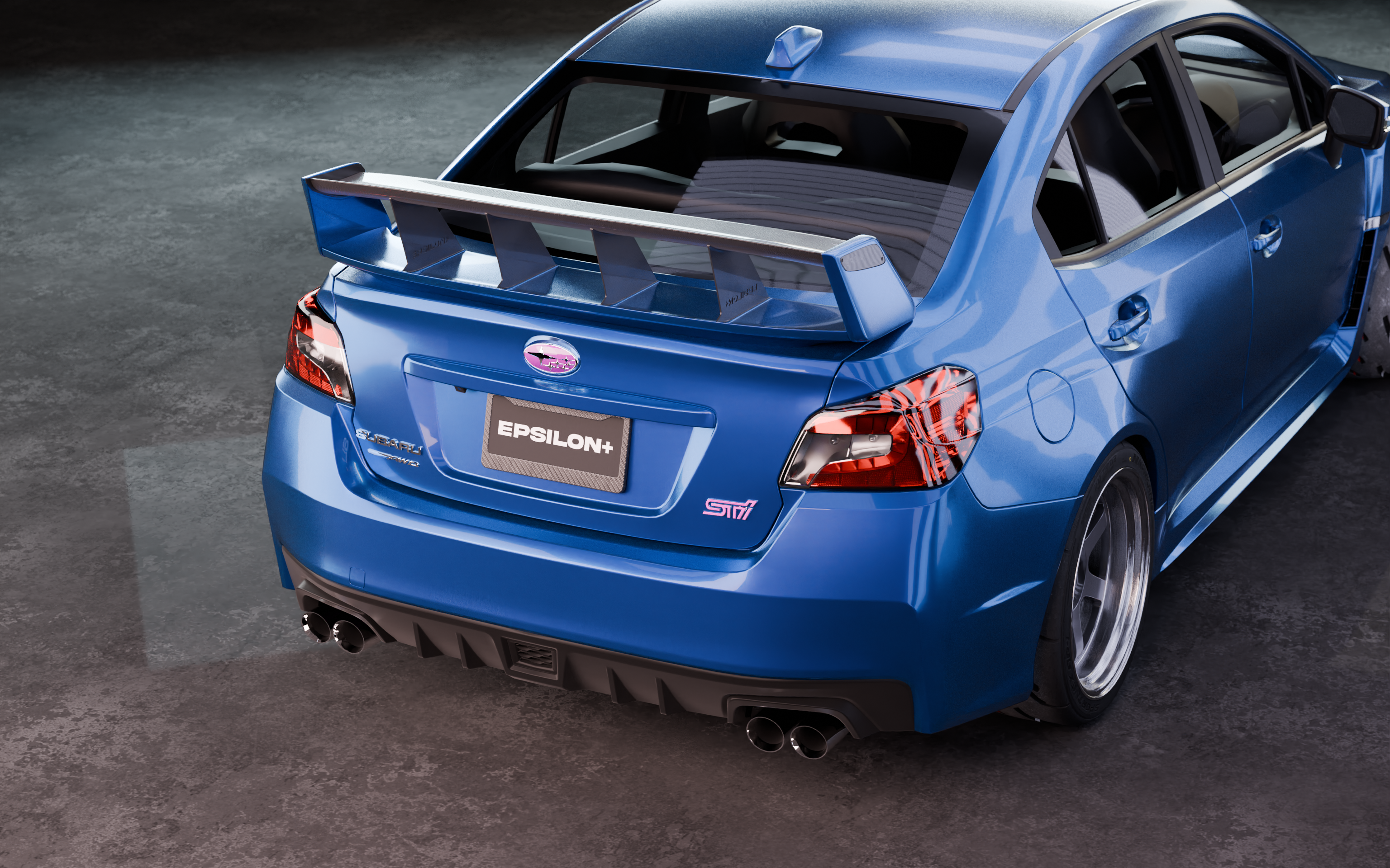 Rear-on studio render of a blue Subaru WRX VA with the Epsilon+ WRC wing