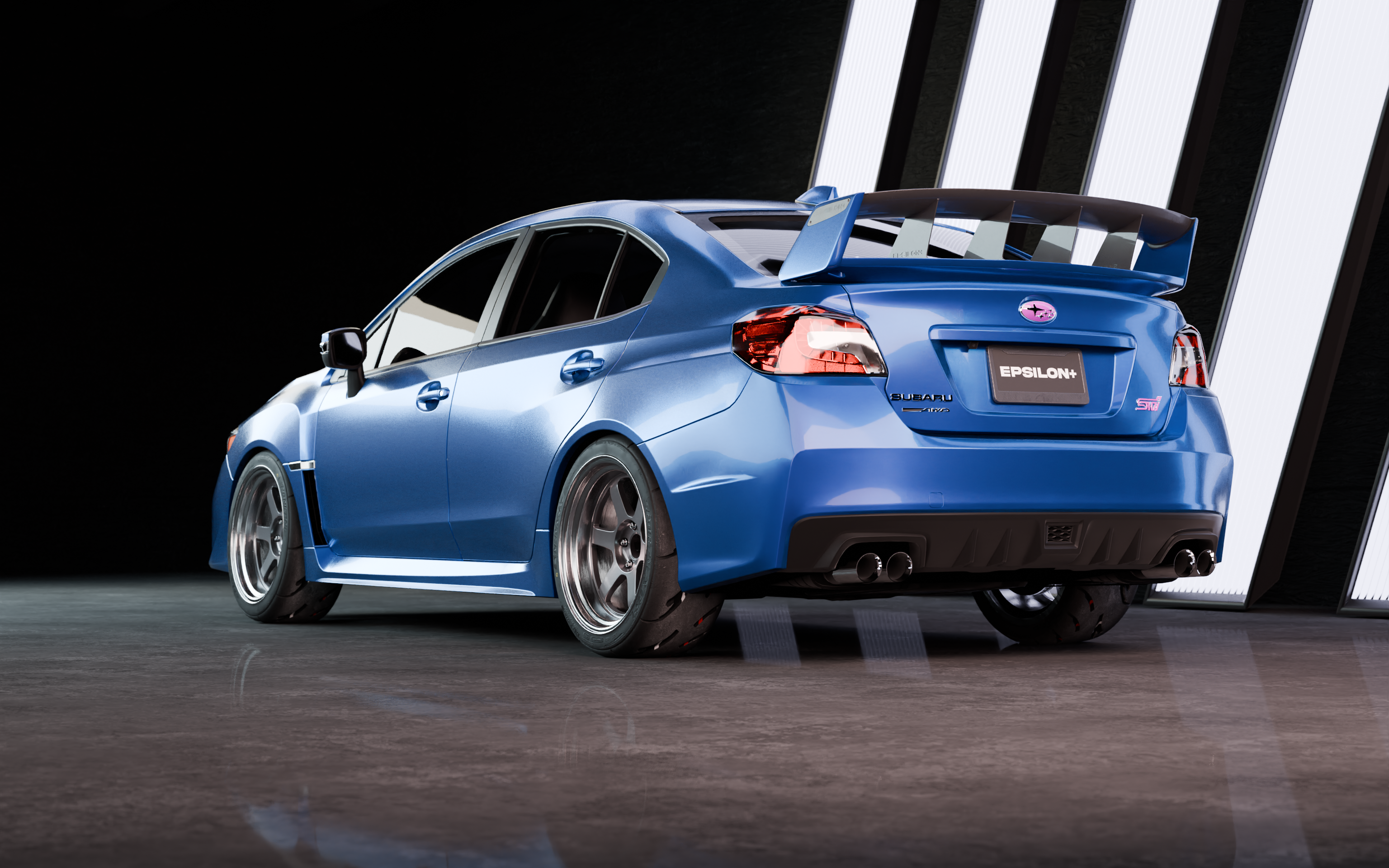 Side-rear studio render of a blue Subaru WRX VA with the WRC wing