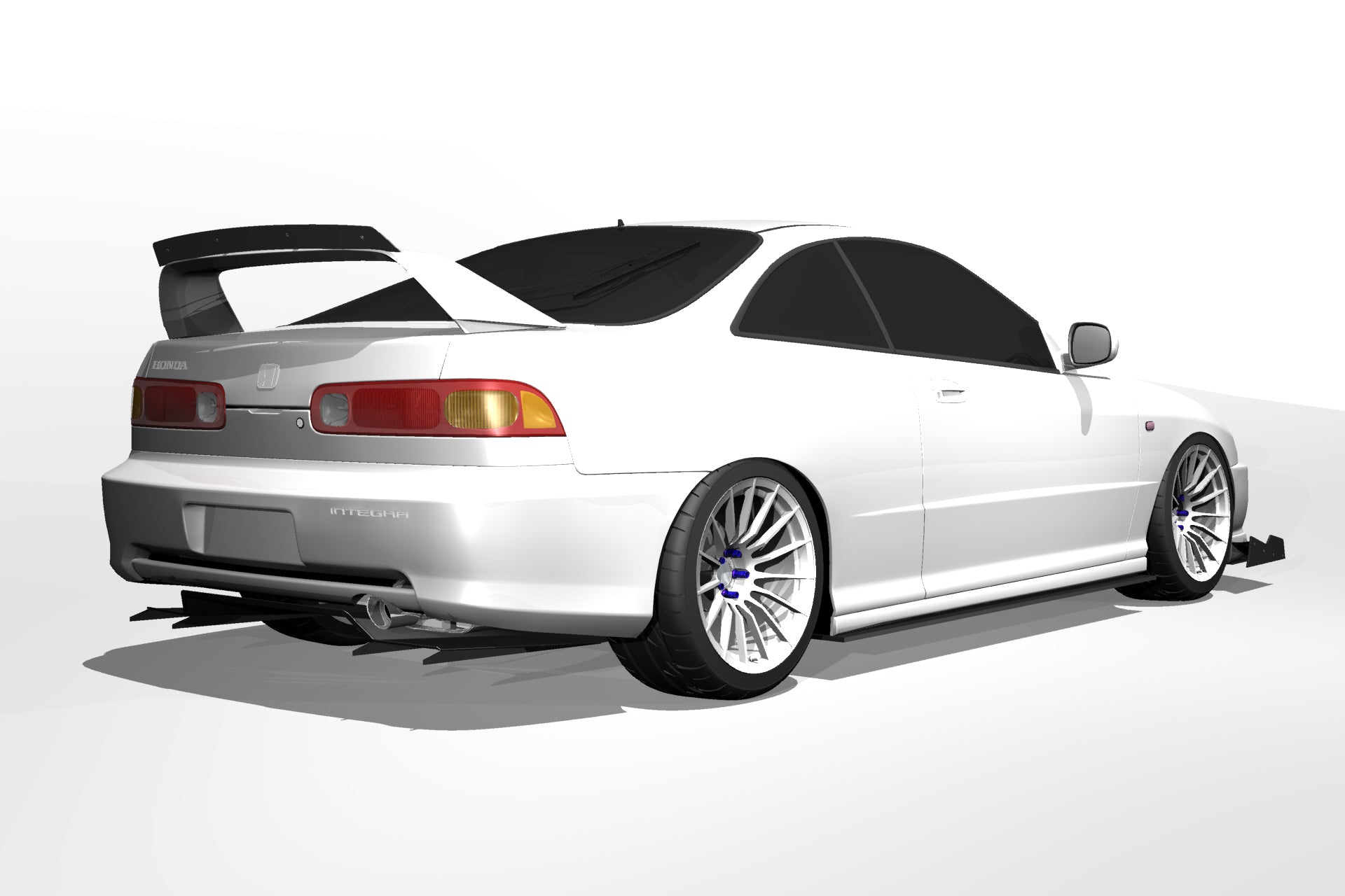 3D render of a white Acura Integra DC2 fitted with the Epsilon+ V1+ rear diffuser and GT wing, rear three-quarter view