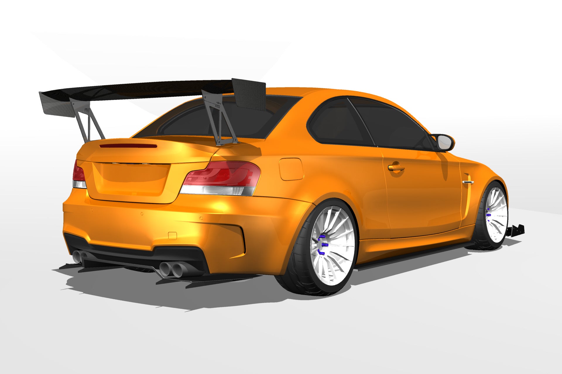3D render of an orange BMW 1 Series Coupe E82 with the Epsilon+ V1+ rear diffuser and GT wing