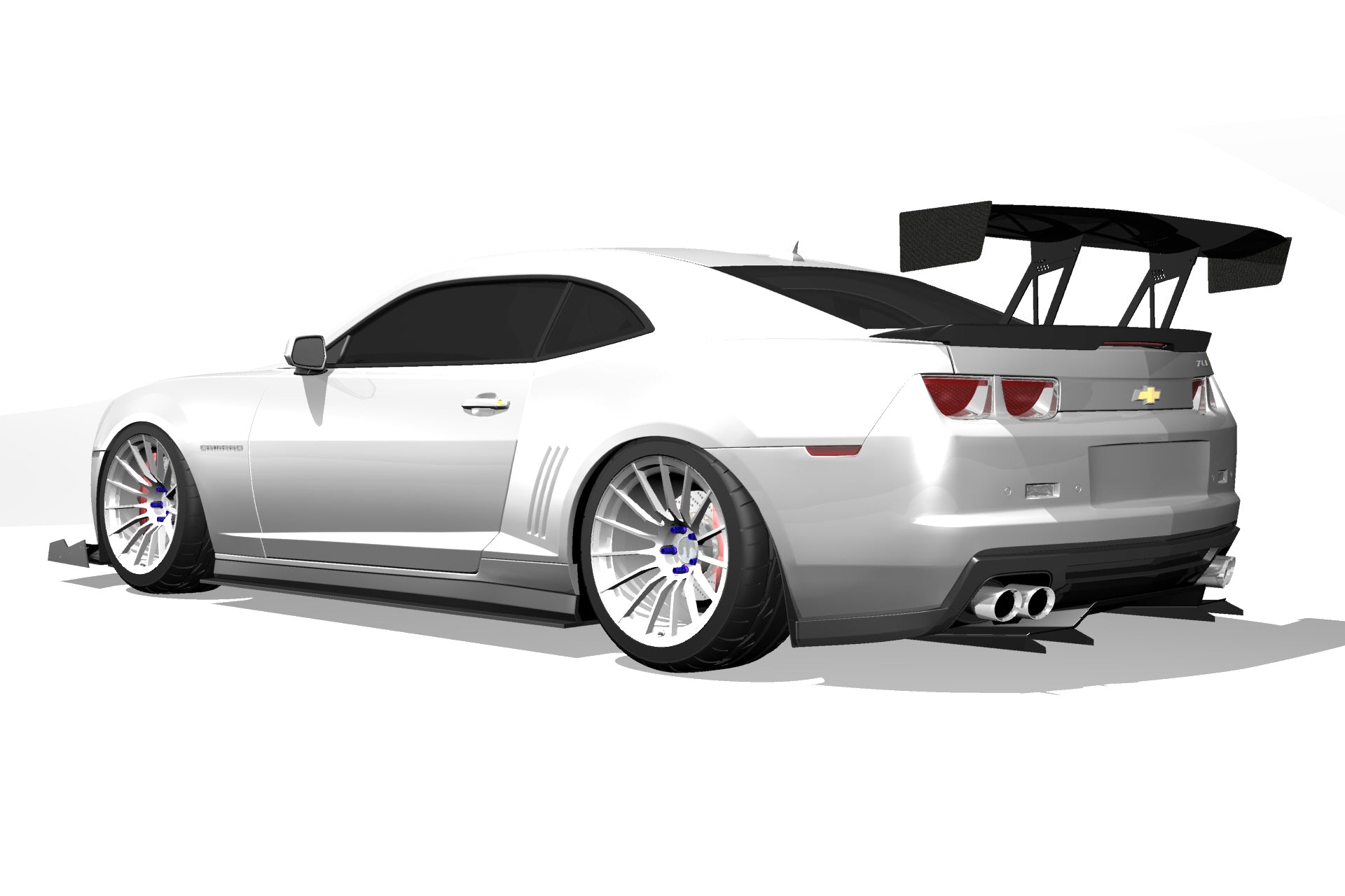 3D render of a silver Chevrolet Camaro ZL1 with the Epsilon+ V1+ rear diffuser and GT wing, rear three-quarter view