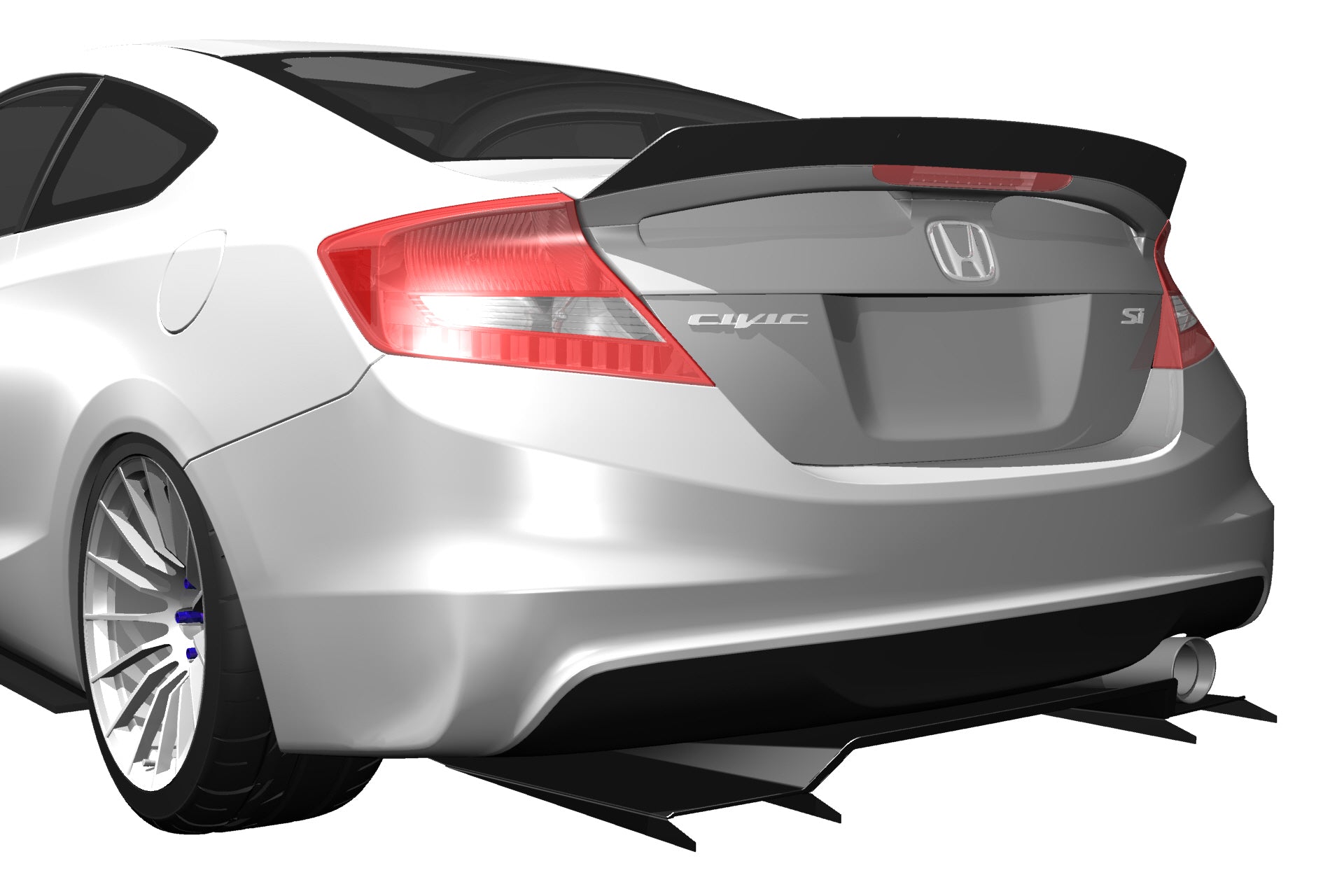 Rear view render of a silver Civic Coupe FG4 with the V1+ diffuser and ducktail spoiler