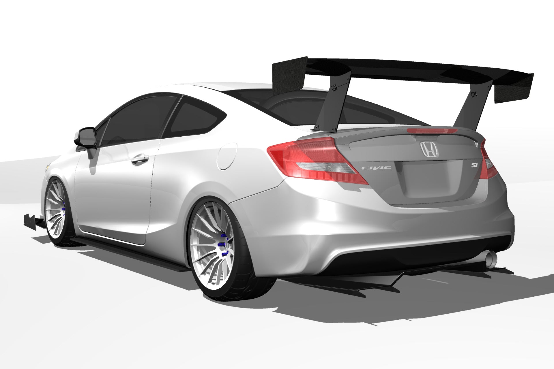 Rear three-quarter render of a silver Civic Coupe FG4 showing the V1+ diffuser fin layout