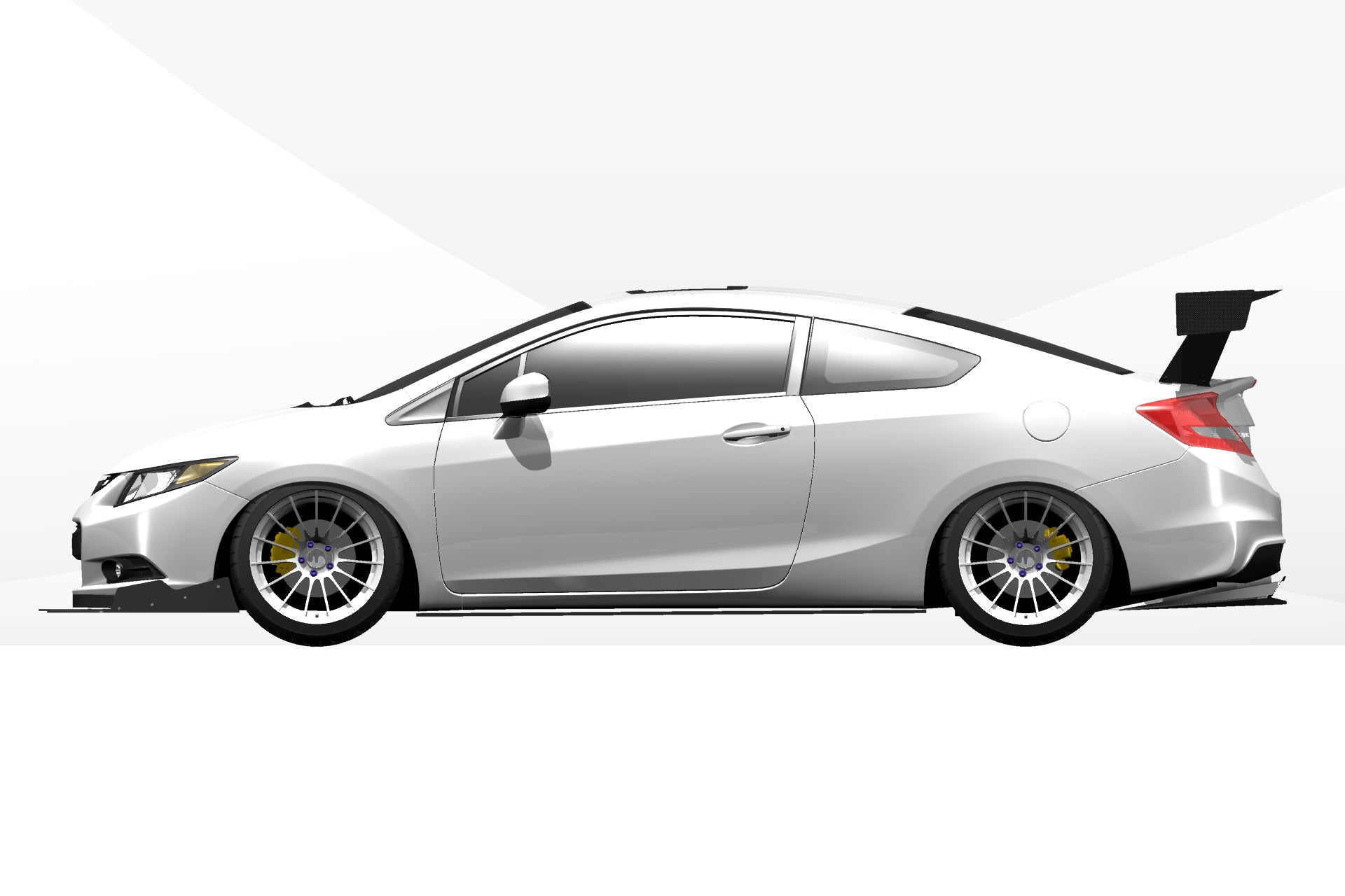 Side profile render of a white Honda Civic Coupe FG4 fitted with the V1+ diffuser and GT wing