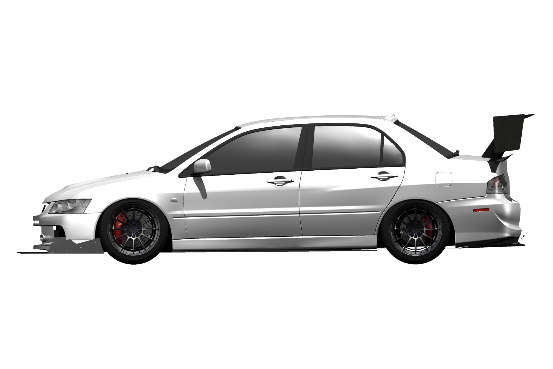 Side profile render of a white Mitsubishi Evo IX fitted with the V1+ rear diffuser