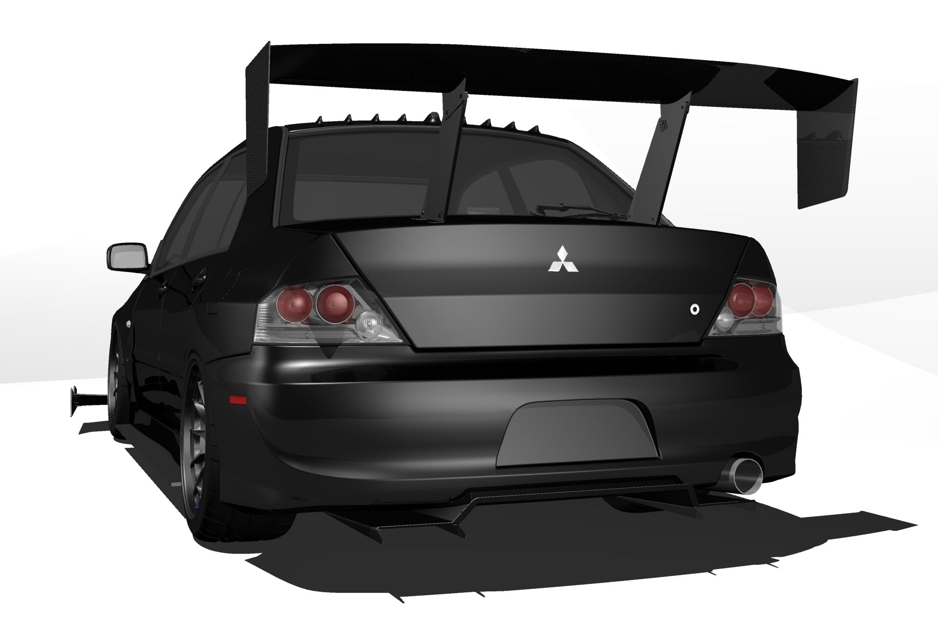 Rear-on render of a black Mitsubishi Evo IX showing the V1+ diffuser fin layout