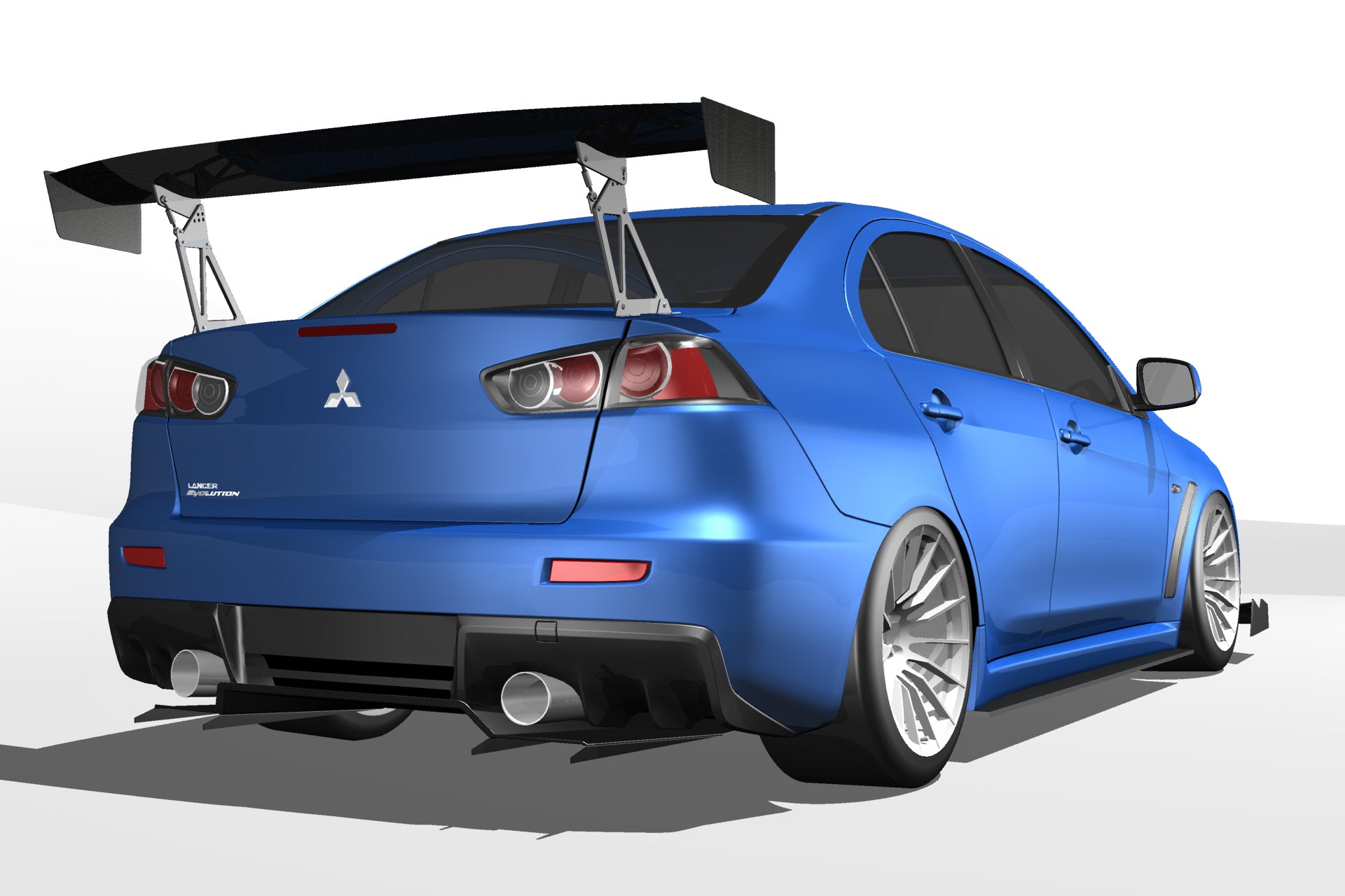 Rear three-quarter render of a blue Mitsubishi Evo X showing the V1+ diffuser under the bumper