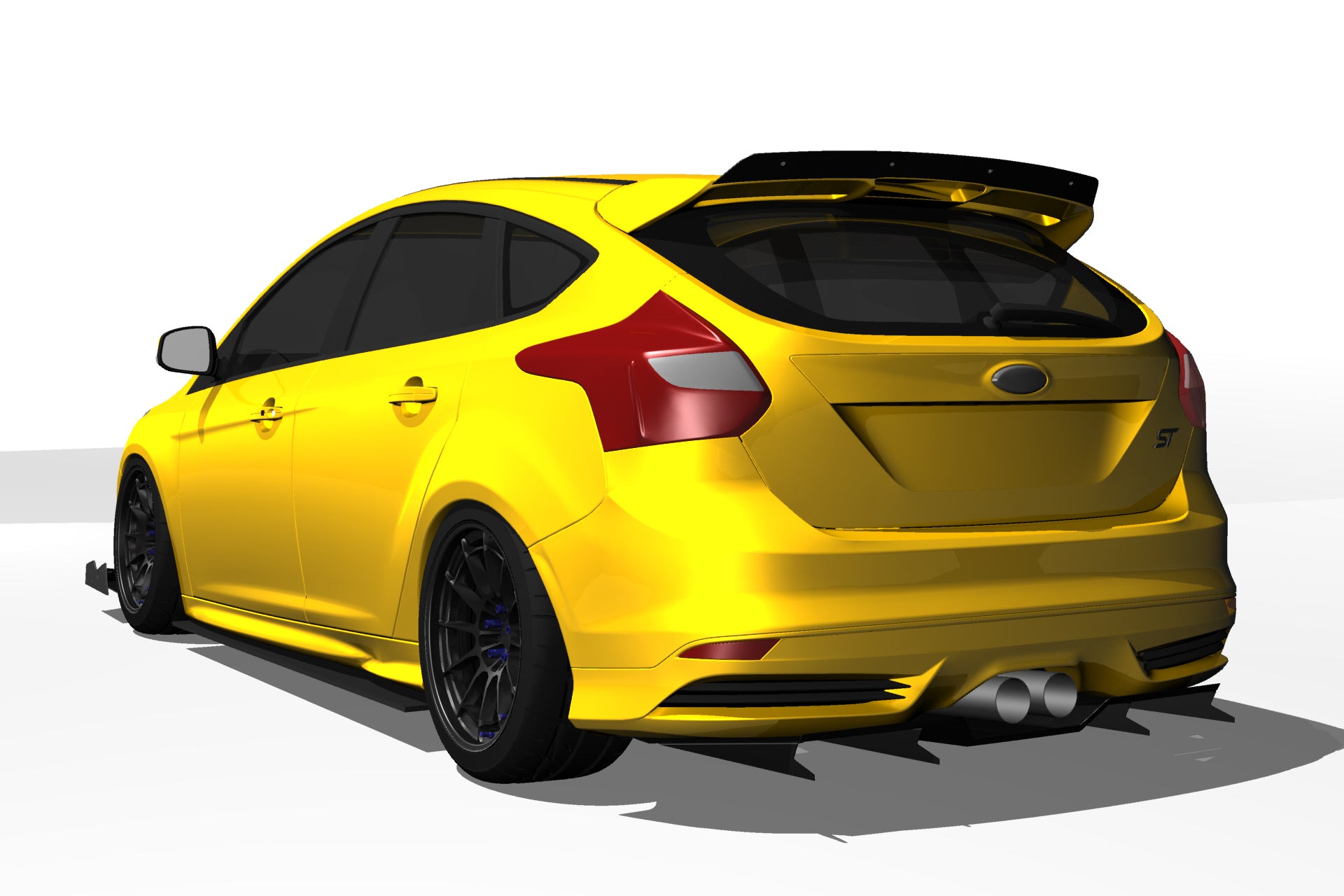 3D render of a yellow Ford Focus ST with the Epsilon+ V1C+ center-exit rear diffuser