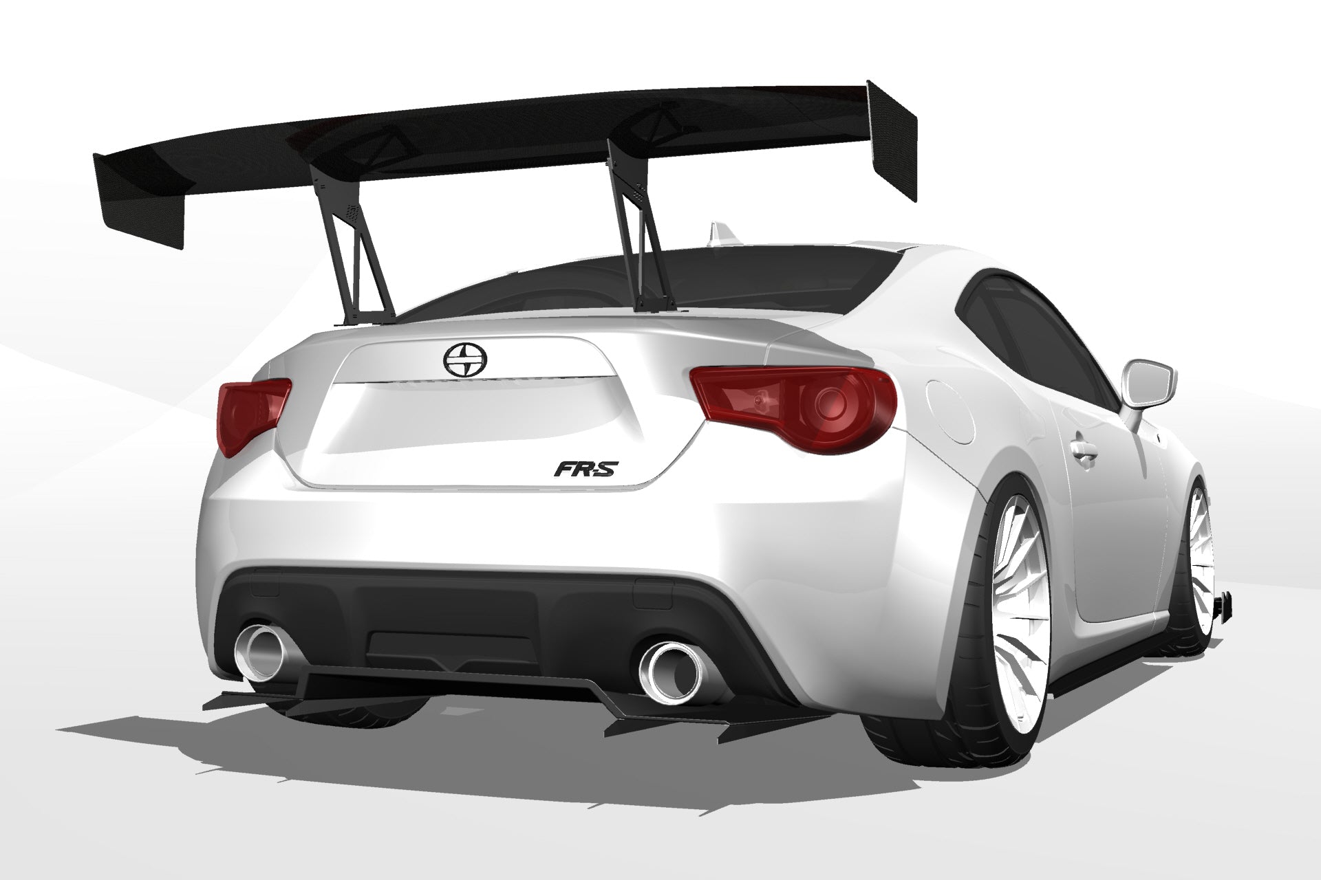 Rear-on render of a white FR-S and BRZ showing the V1+ diffuser beneath the rear bumper