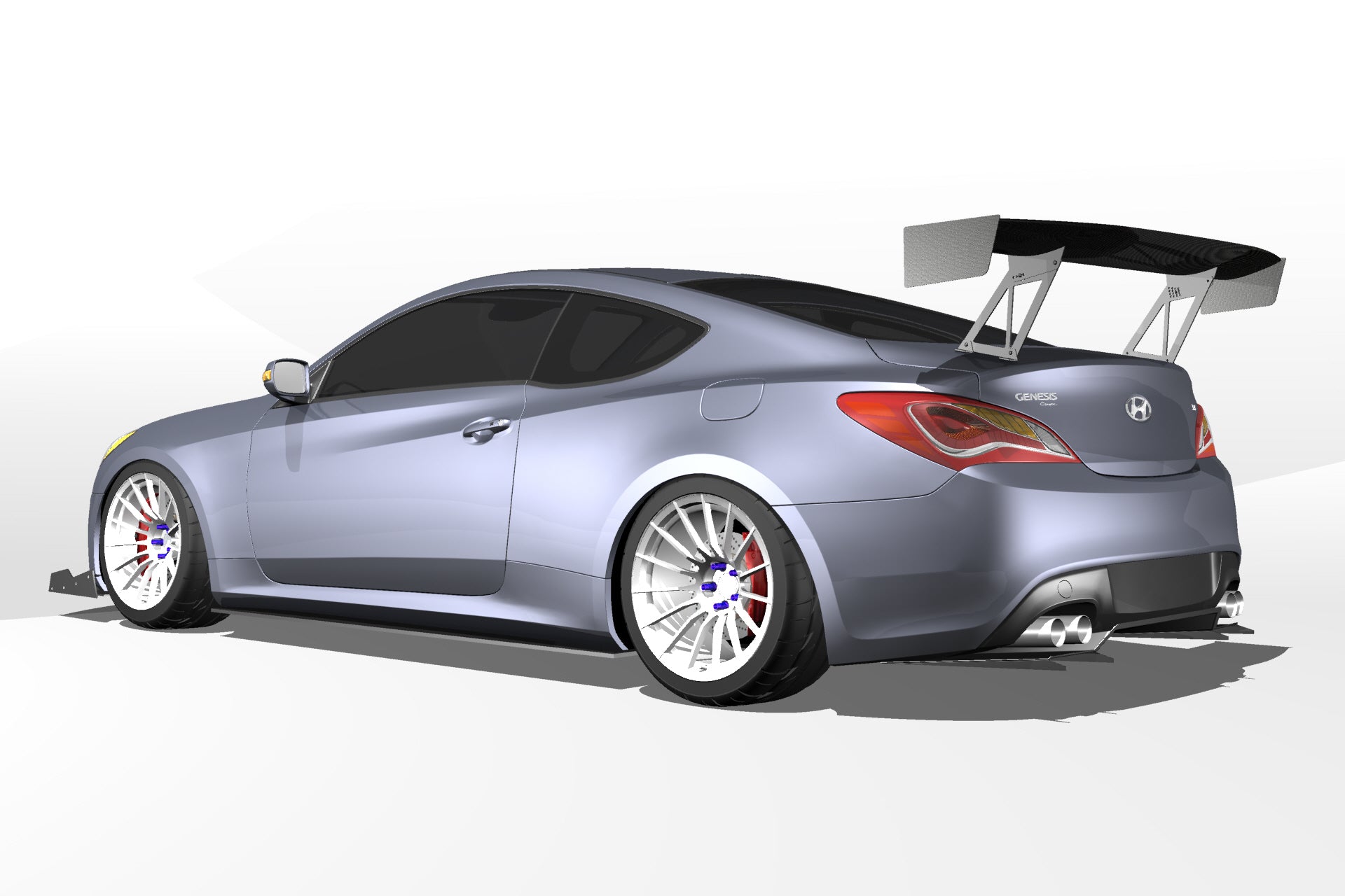 Side-rear render of a Hyundai Genesis Coupe fitted with the V1+ diffuser