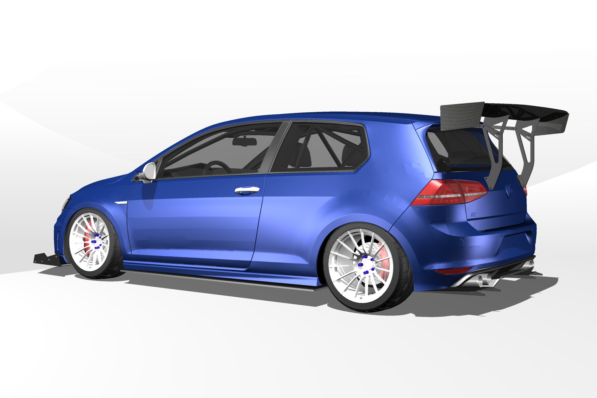 Side-rear render of a blue Volkswagen Golf Mk7 fitted with the V1+ diffuser