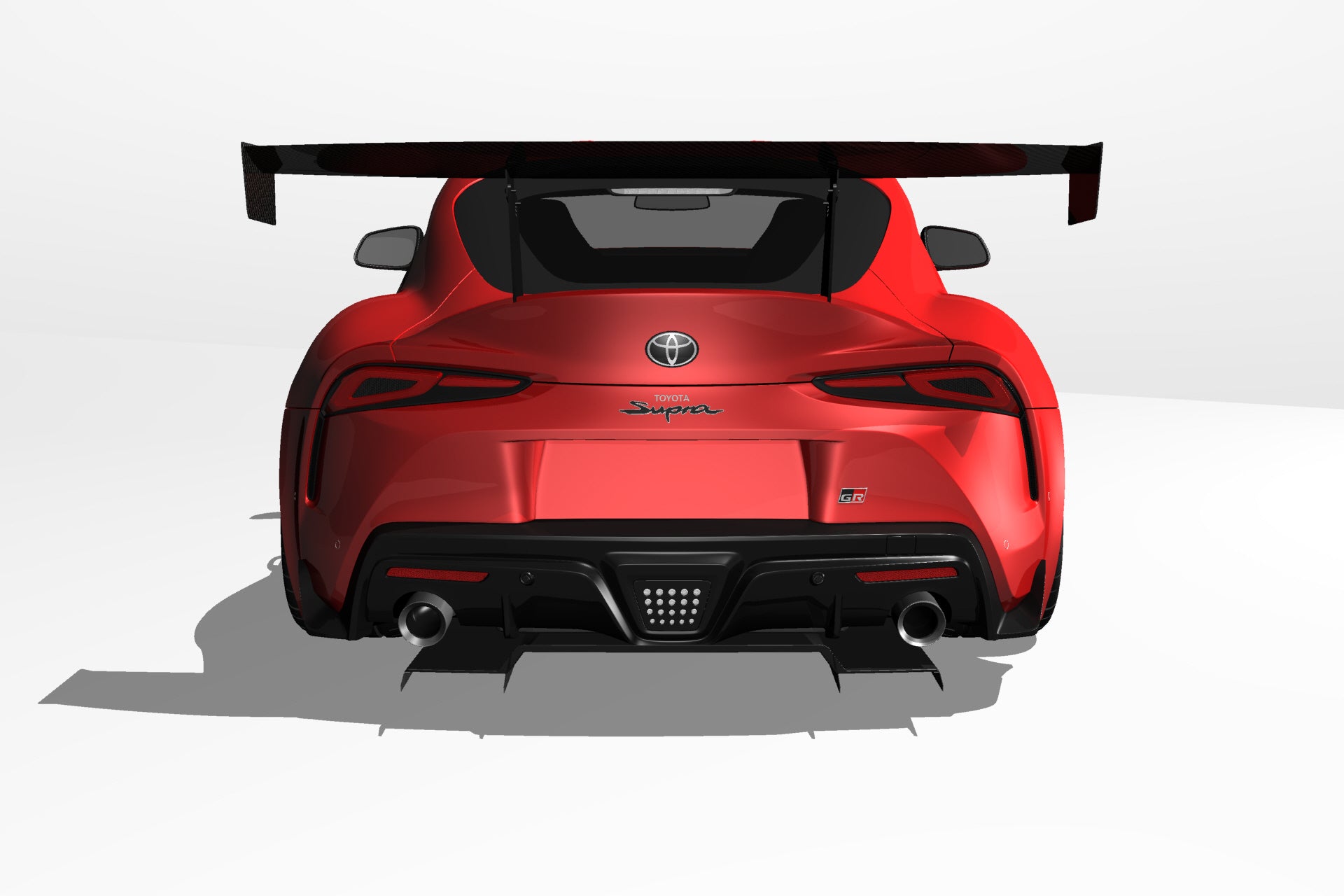 Rear-on render of a red Toyota GR Supra showing the V1+ diffuser and centre exhaust