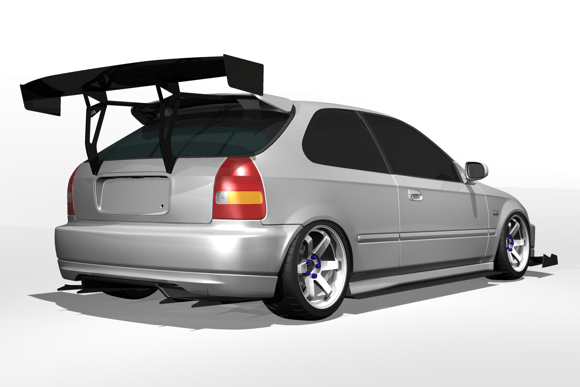3D render of a silver Honda Civic Hatchback EK9 with the Epsilon+ V1+ rear diffuser and GT wing