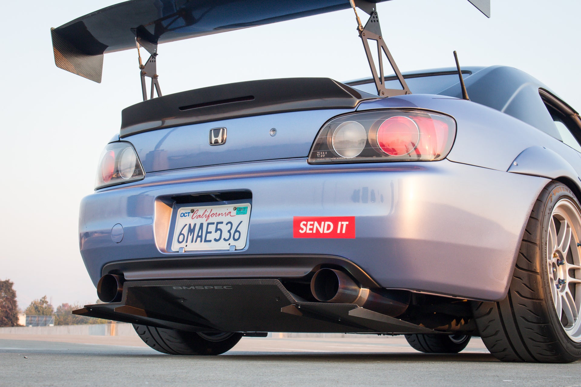 Rear view of a silver Honda S2000 showing the Epsilon+ V1+ diffuser beneath the bumper