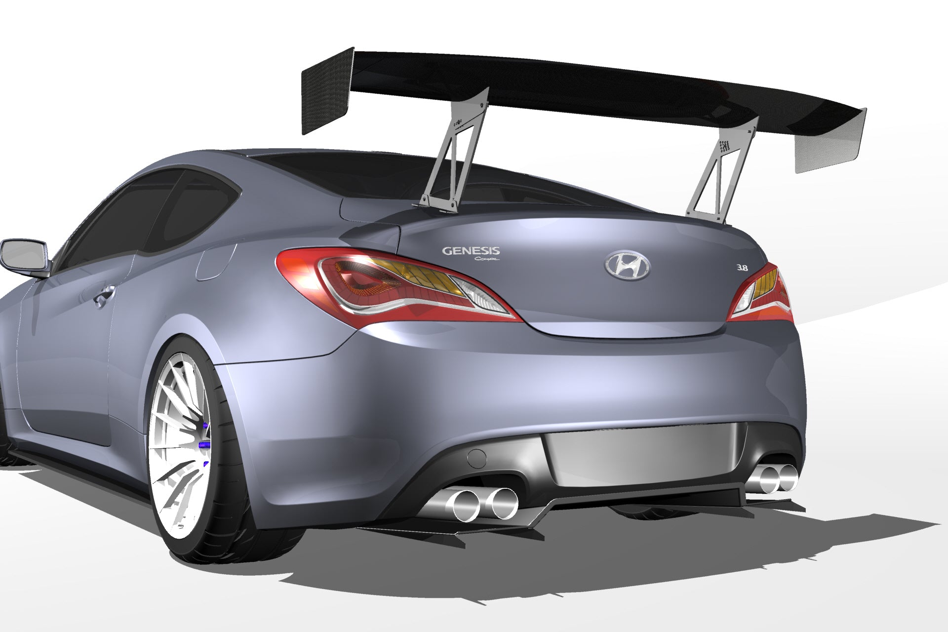3D render of a silver Hyundai Genesis Coupe with the Epsilon+ V1+ rear diffuser and GT wing