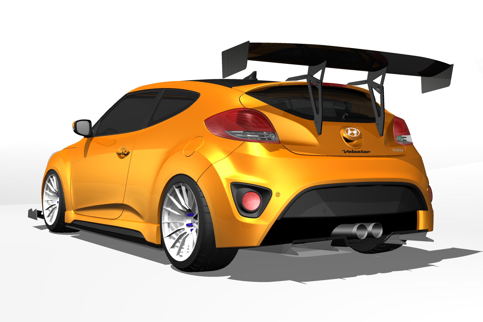 3D render of an orange Hyundai Veloster with the Epsilon+ V1+ rear diffuser and GT wing