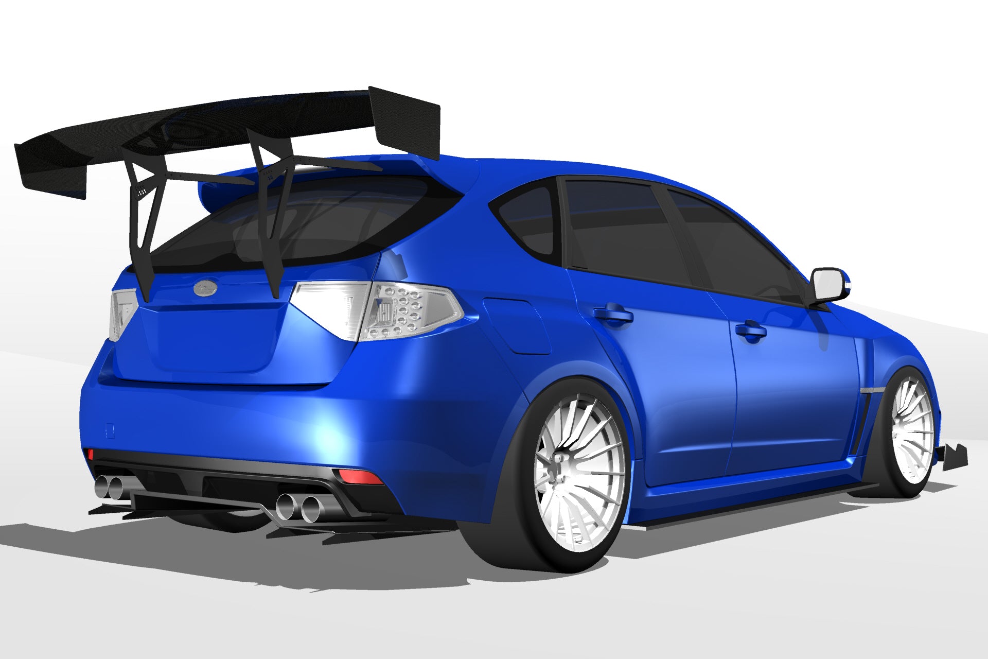 Side-rear render of a blue Impreza Hatchback GR fitted with the V1+ diffuser