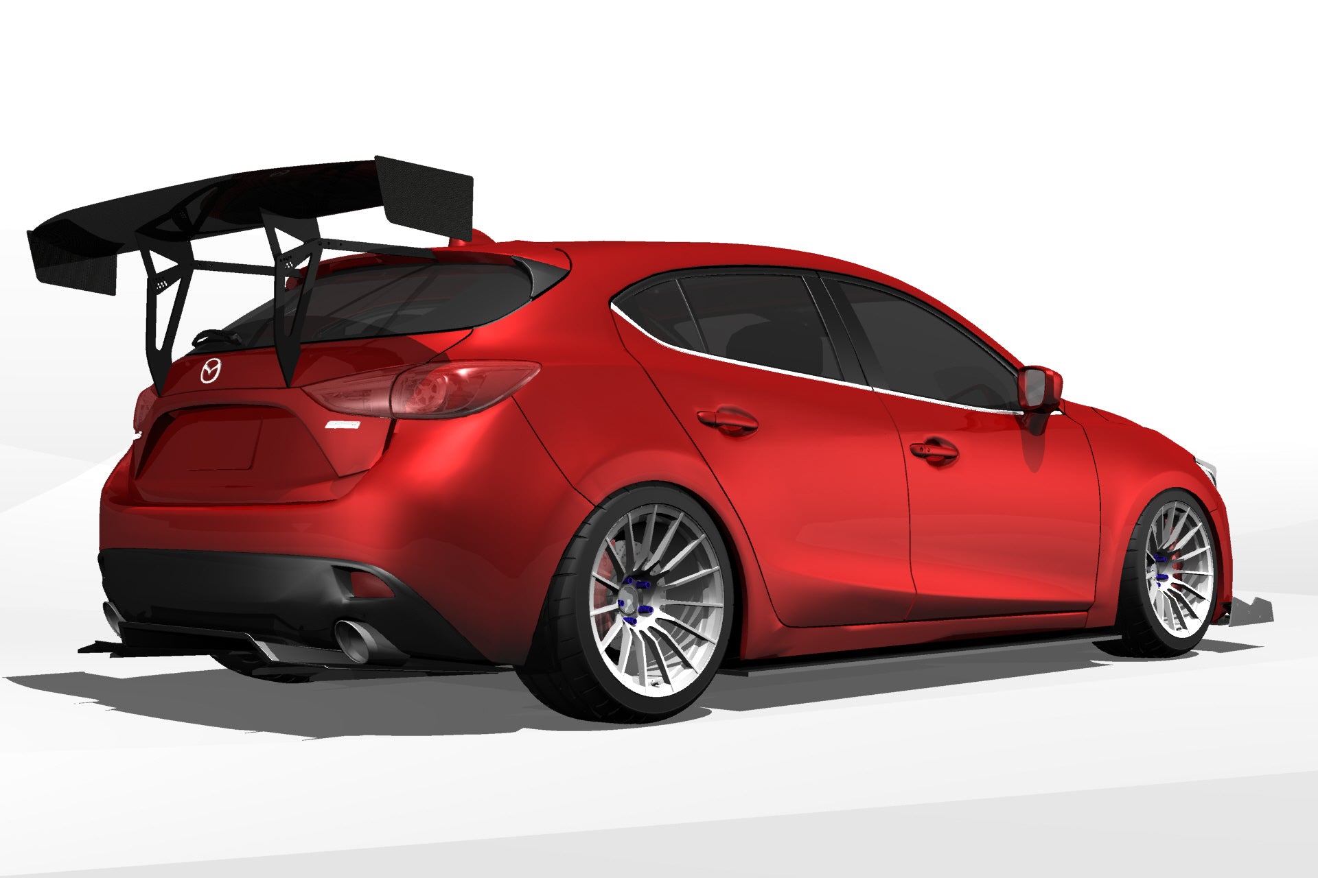 3D render of a red Mazda3 Gen3 Hatchback with the Epsilon+ V1+ rear diffuser and GT wing