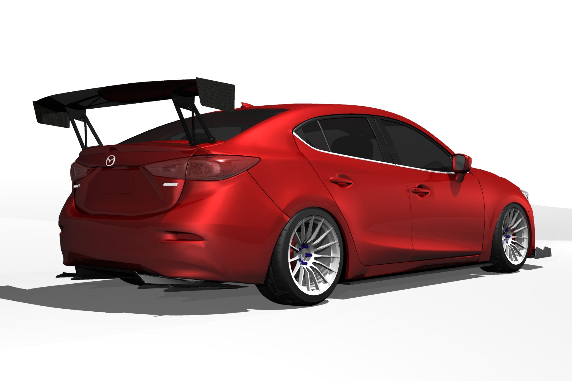 3D render of a red Mazda3 Gen3 Sedan with the Epsilon+ V1+ rear diffuser and GT wing