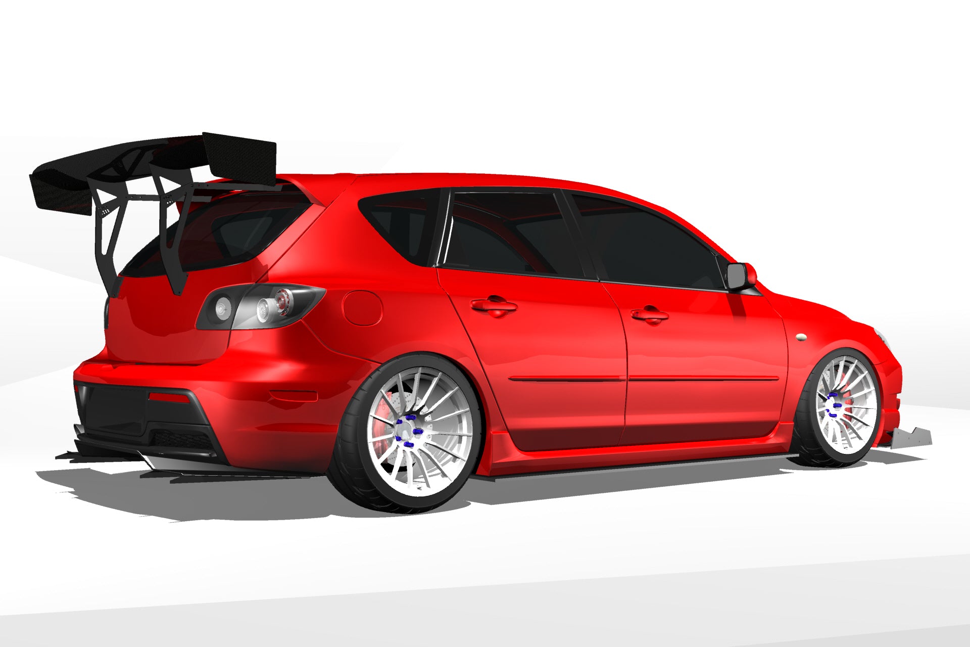 Rear three-quarter render of a red Mazdaspeed3 Gen1 fitted with the V1+ diffuser
