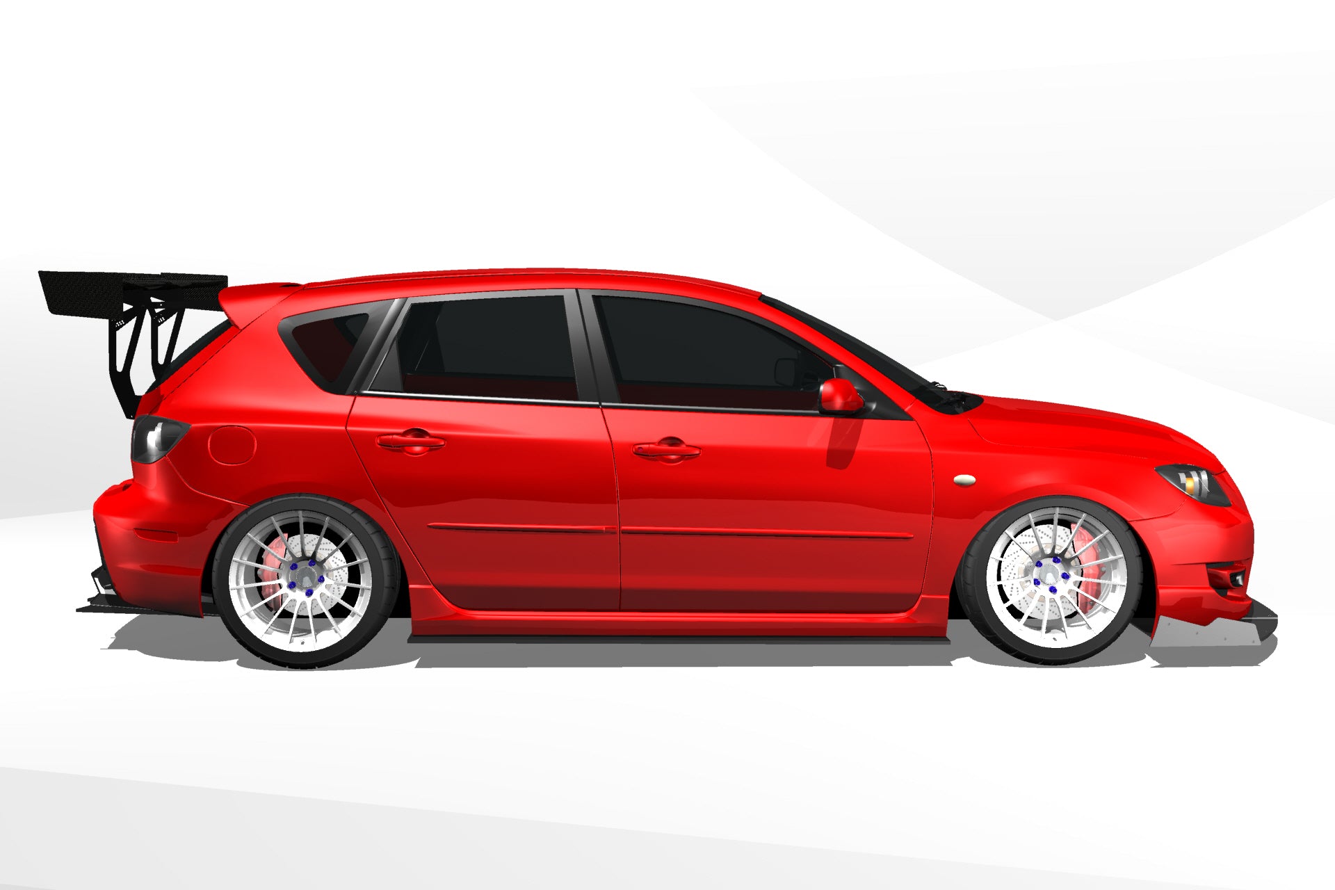 Side profile render of a red Mazdaspeed3 Gen1 showing the V1+ diffuser and side skirts
