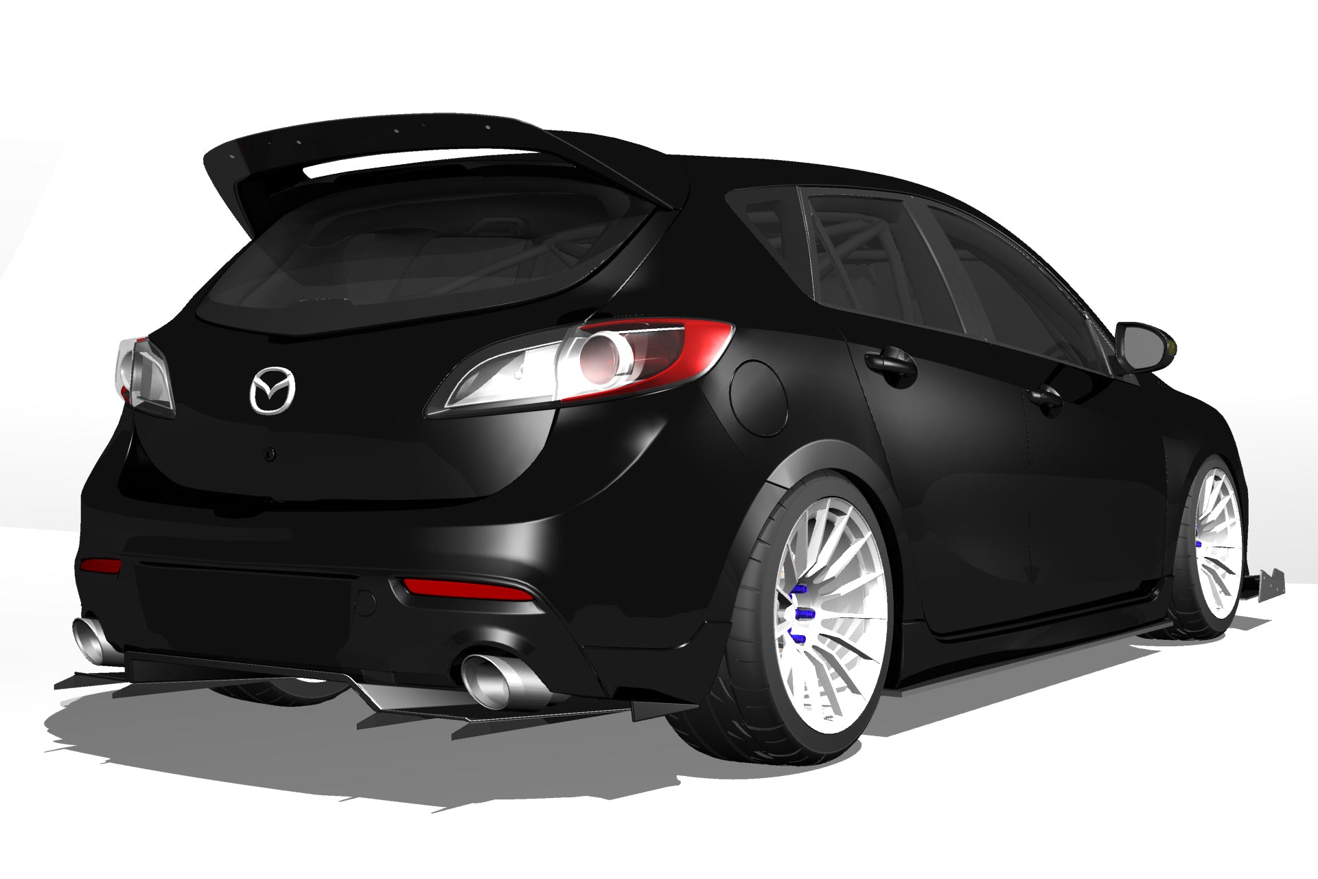 Rear three-quarter render of a black Mazdaspeed3 Gen2 with the V1+ diffuser and low-profile spoiler