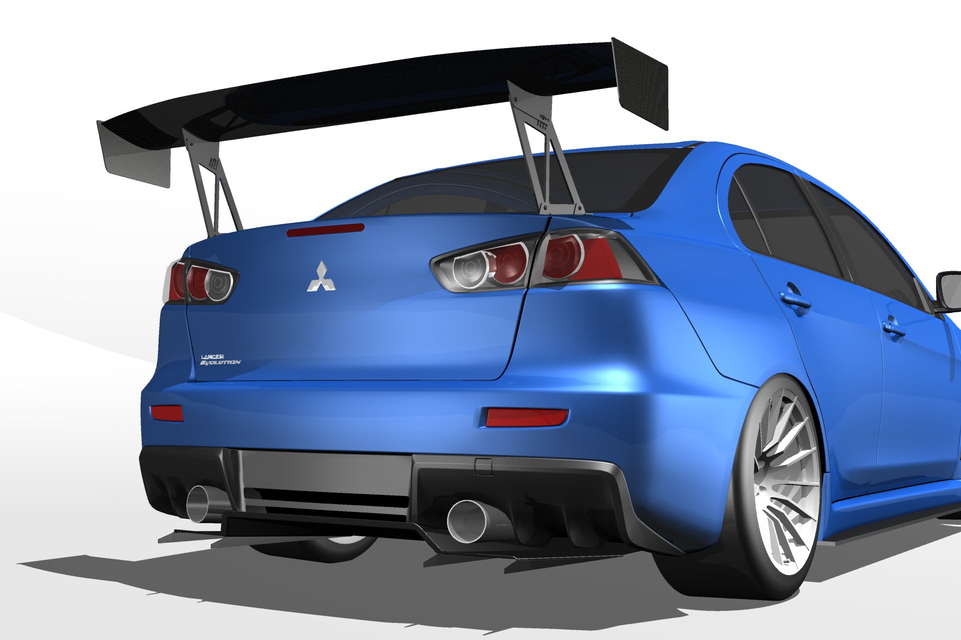 3D render of a blue Mitsubishi Evo X with the Epsilon+ V1+ rear diffuser and GT wing