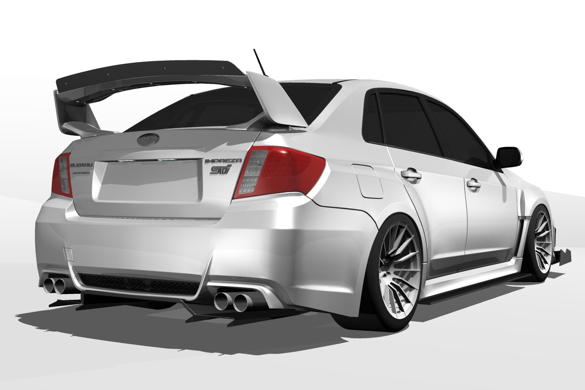 Render of a silver Subaru Impreza GV with the V1+ rear diffuser and ducktail spoiler